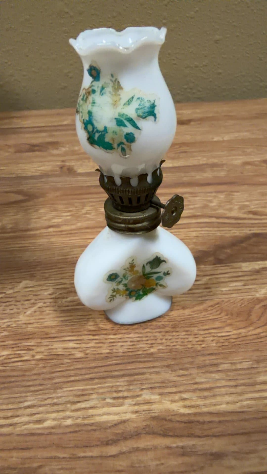 Miniature (4.5 inches) Milk Glass Oil Lamp with Floral Design - Image 1