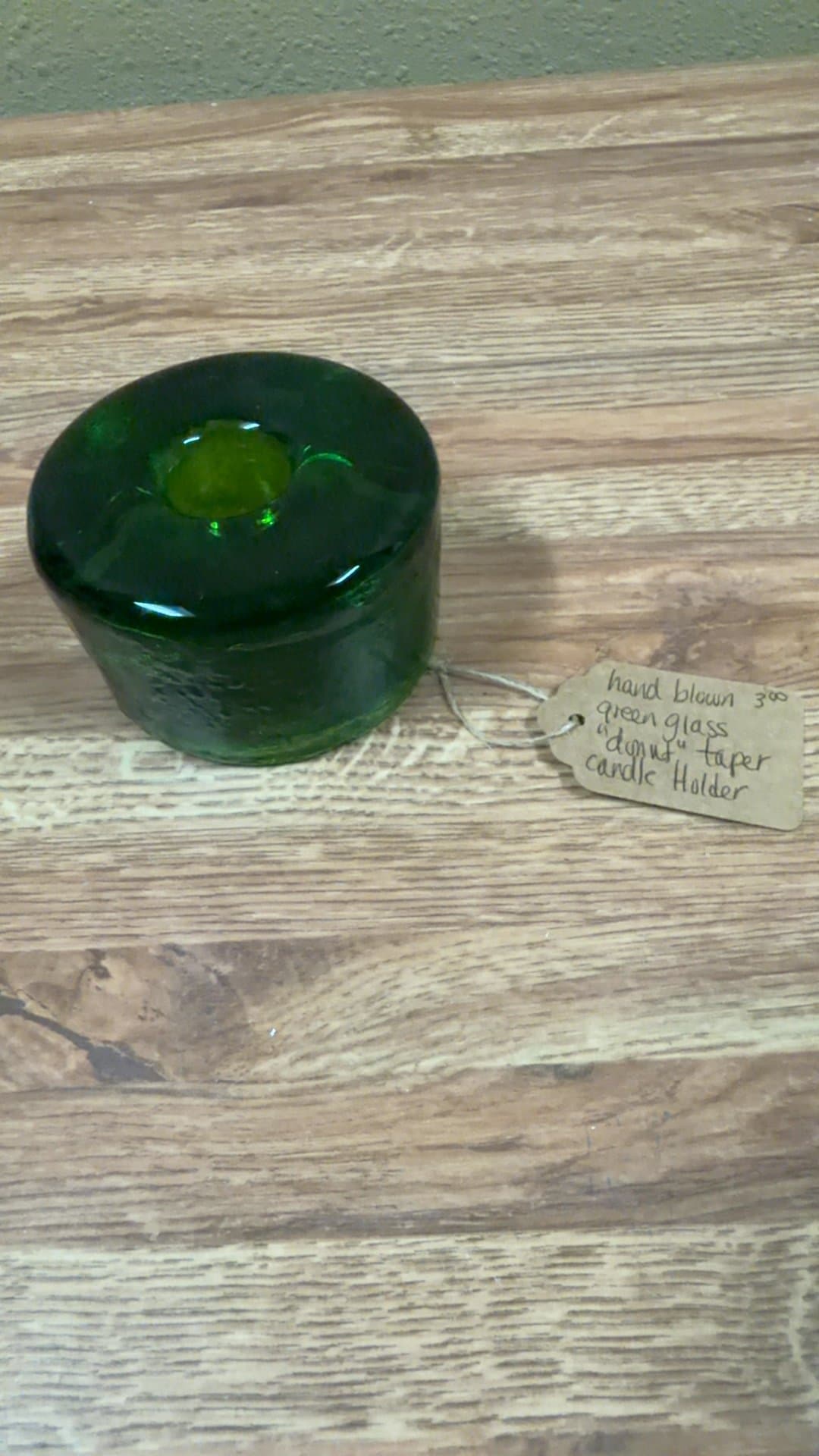 Hand Blown Green Glass Donut Taper Candle Holder - Image 1