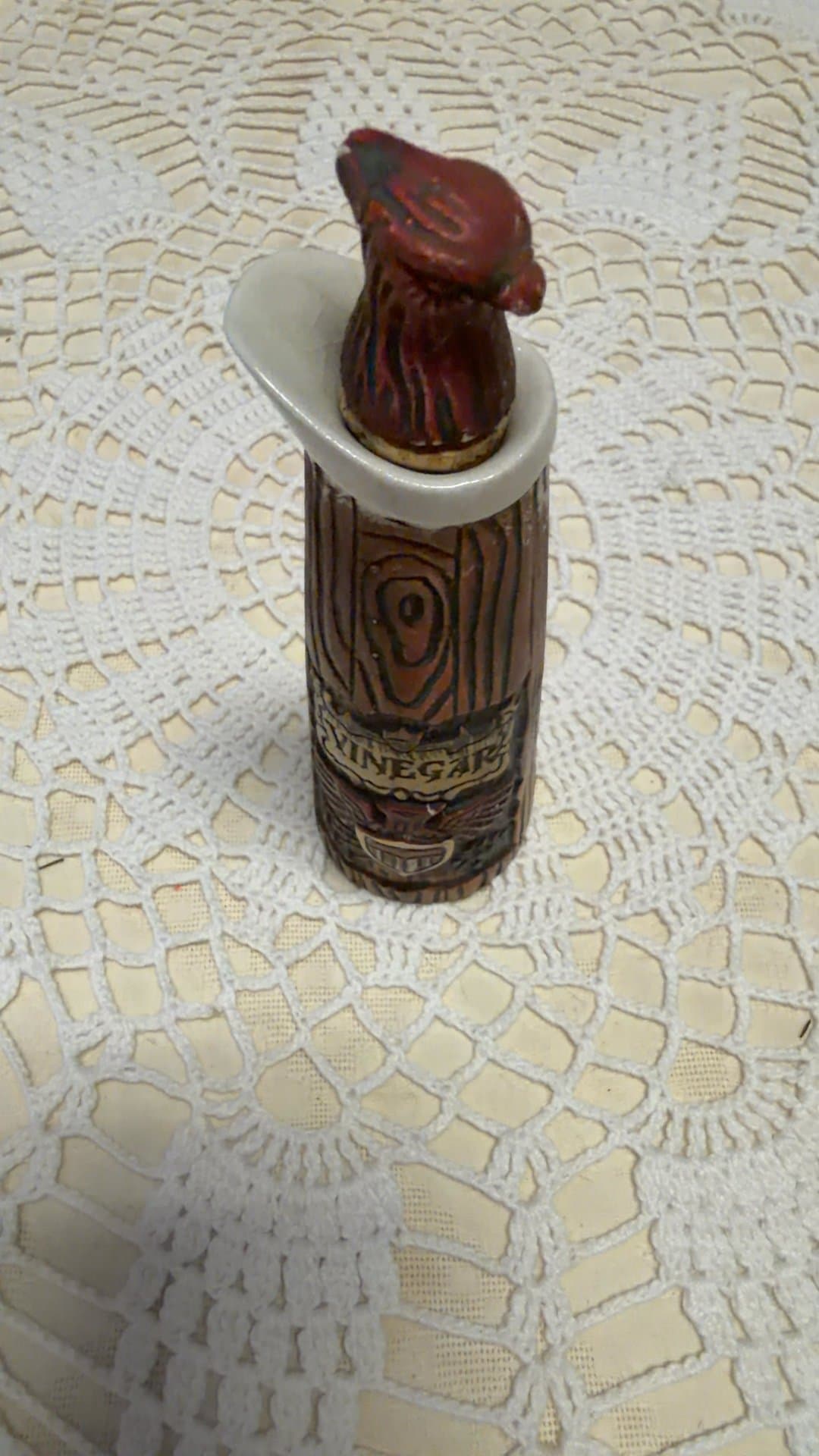 Vintage Ceramic Faux Wood Grain Vinegar Cruet Bottle with Eagle Head Stopper - Image 1