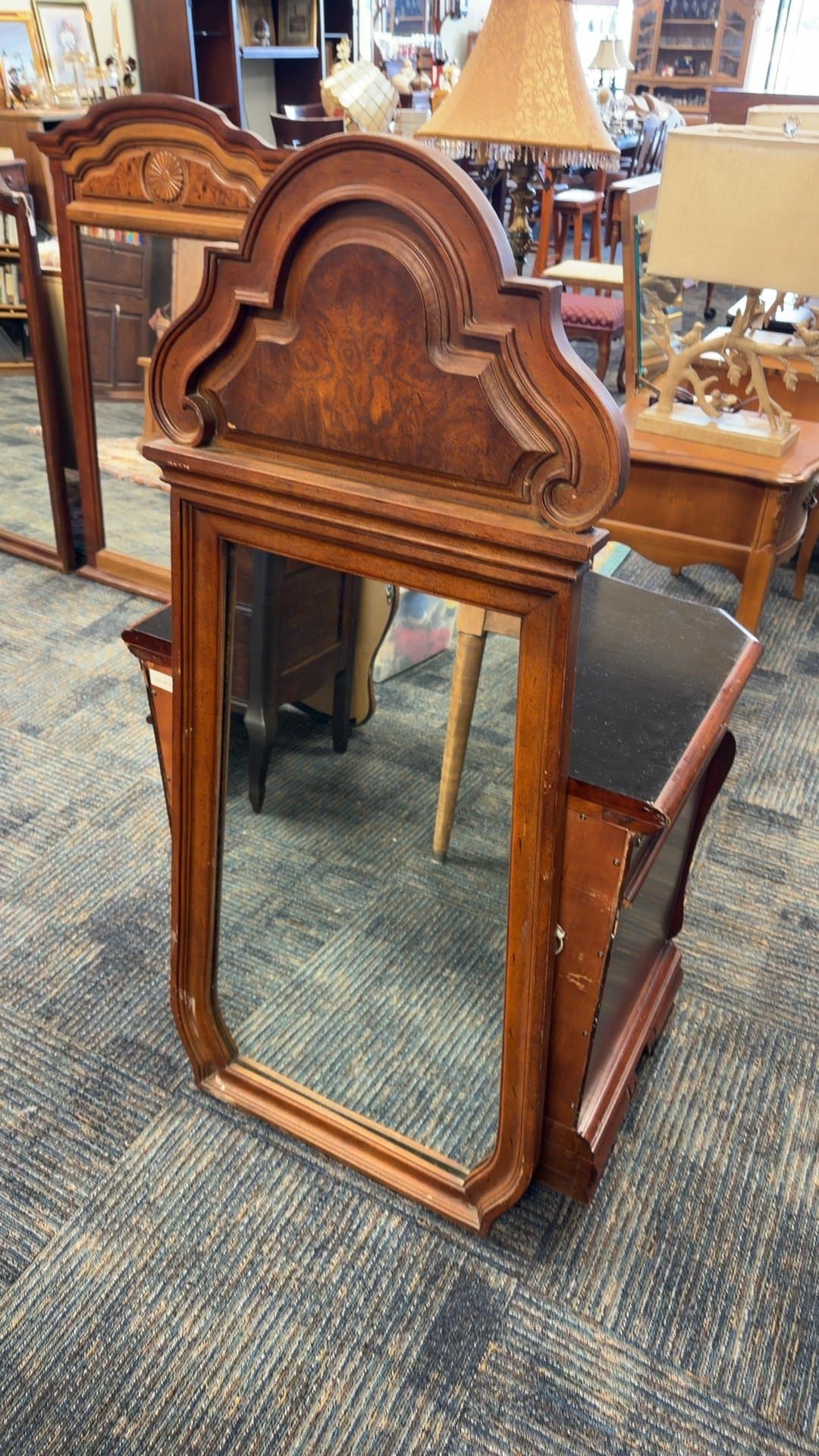 Antique Wooden Wall Mirror with Ornate Top - Image 1