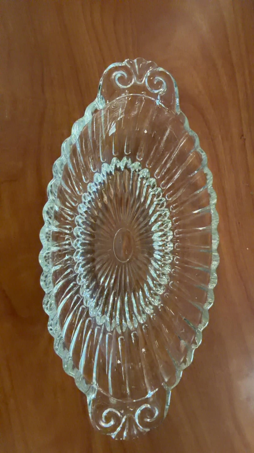 Clear Pressed Glass Oval Relish Dish with Scroll Handles - Image 1