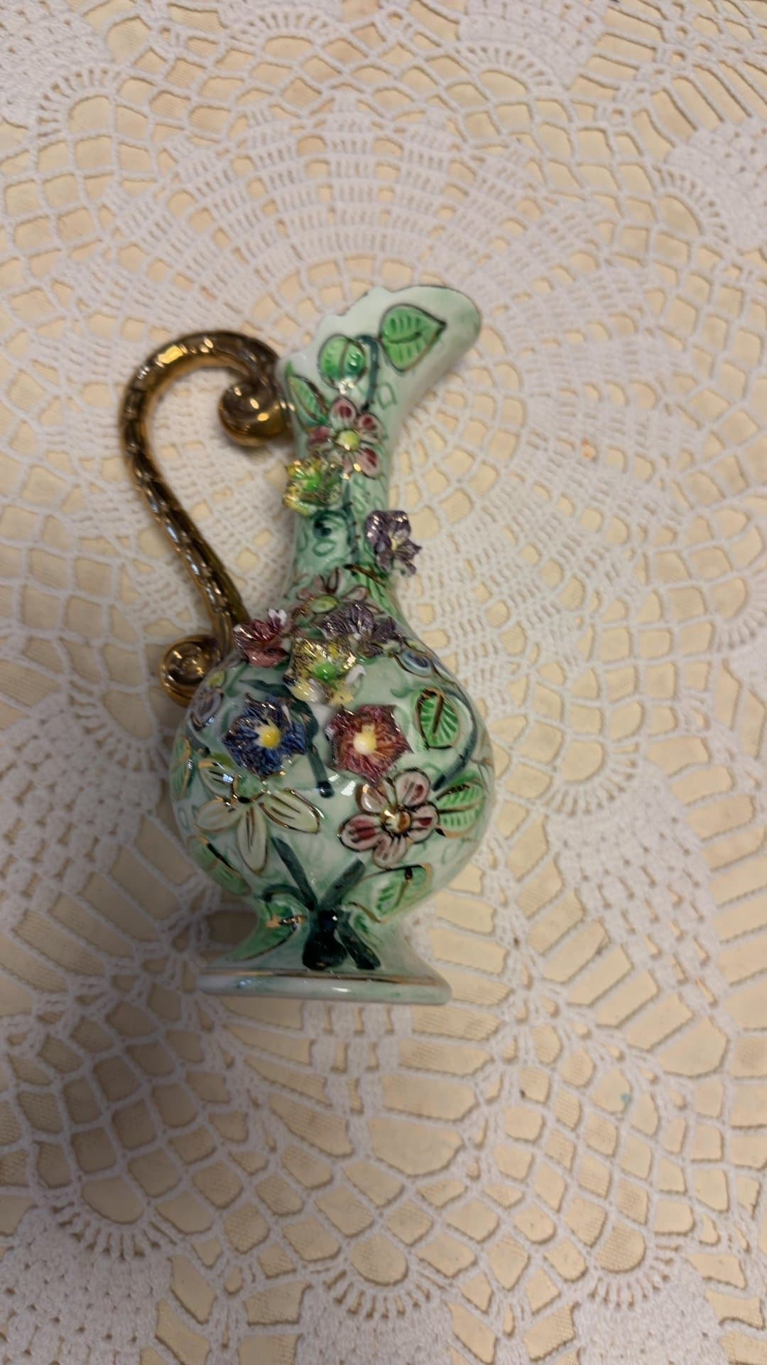 Vintage Hand-Painted Porcelain Miniature Pitcher with Applied Flowers - Image 1