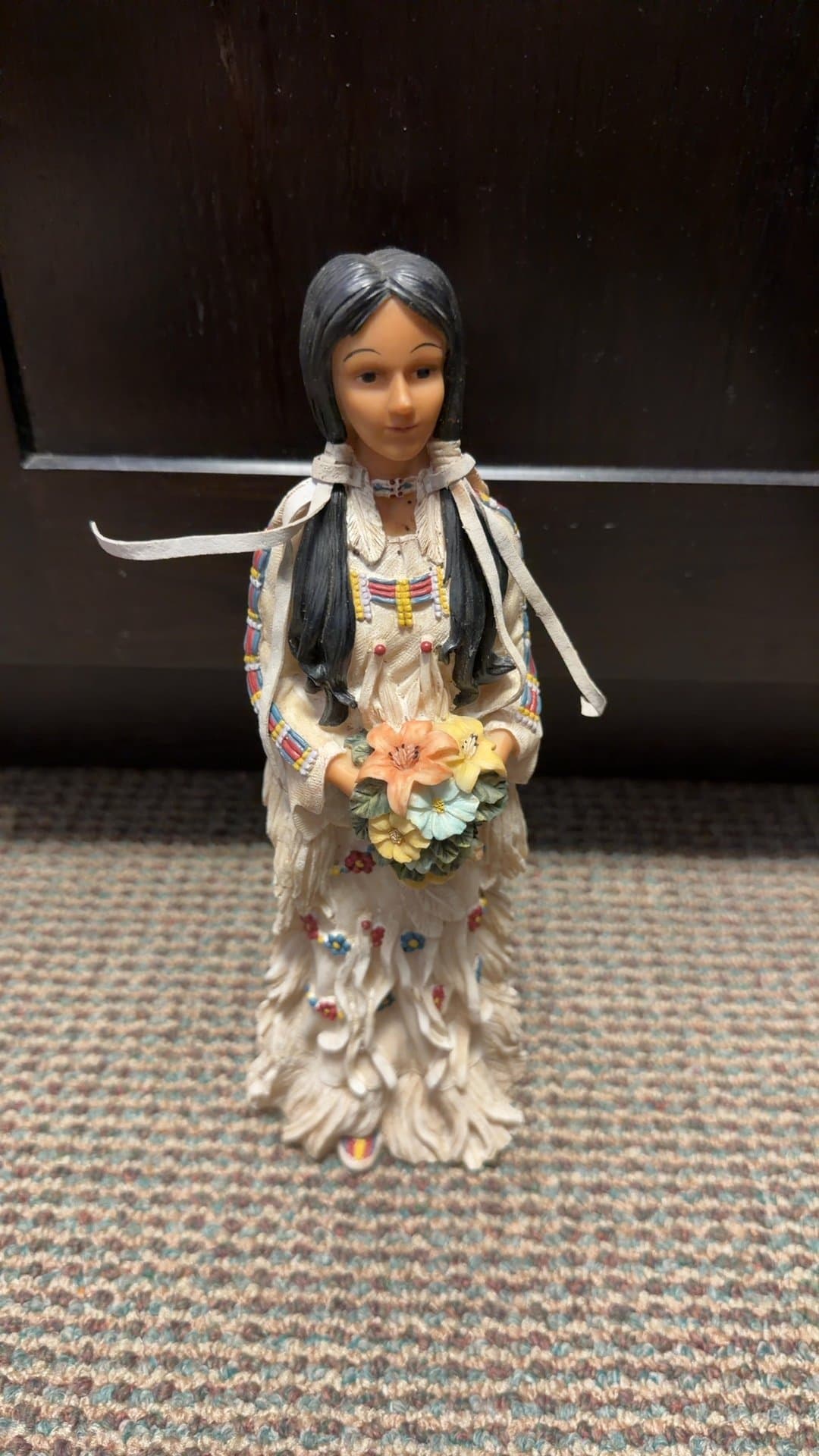 Native American Maiden Resin Figurine with Flowers - Image 1