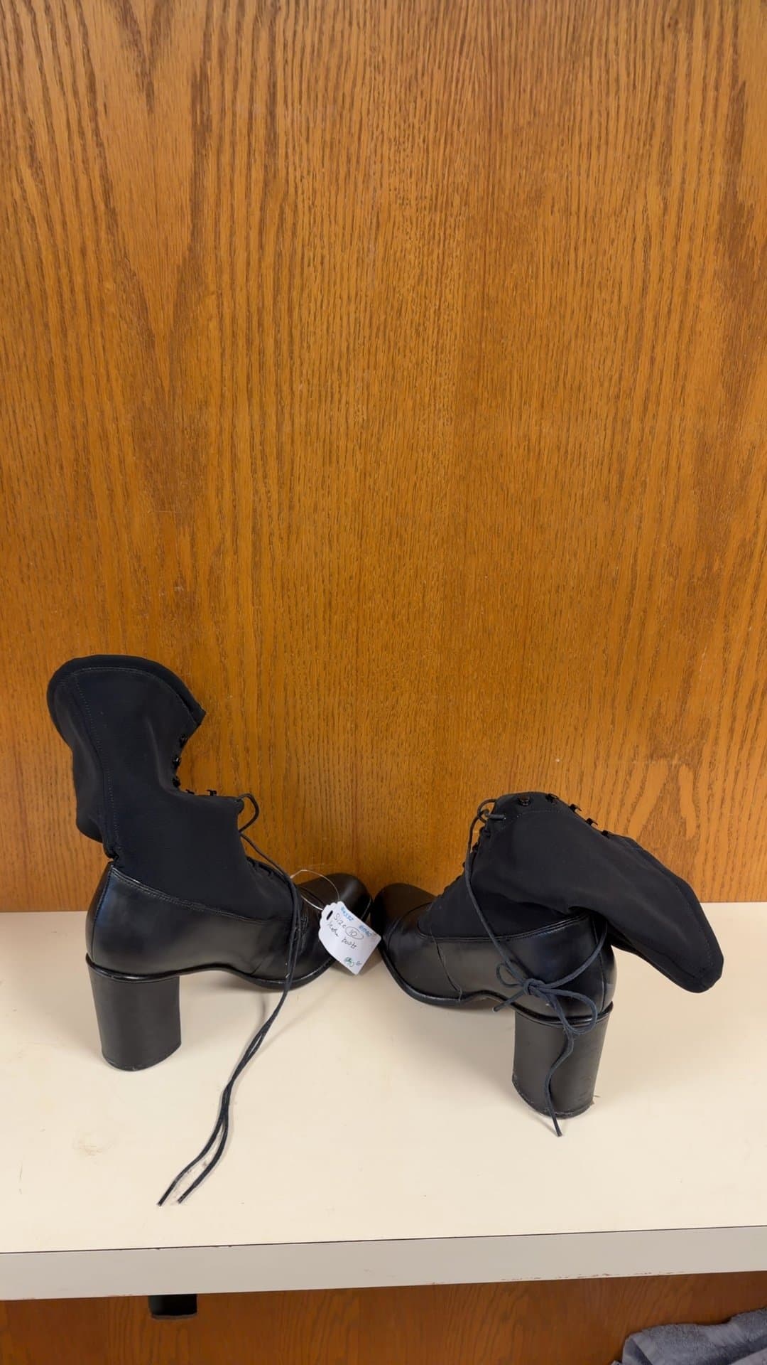 Vintage Misha Black Leather and Fabric Lace-Up Heeled Boots - Image 1