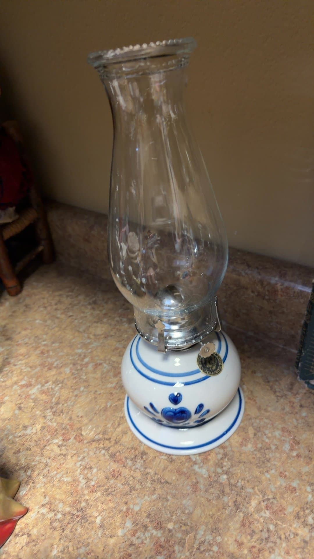 Vintage Ceramic Oil Lamp with Glass Chimney - Image 1