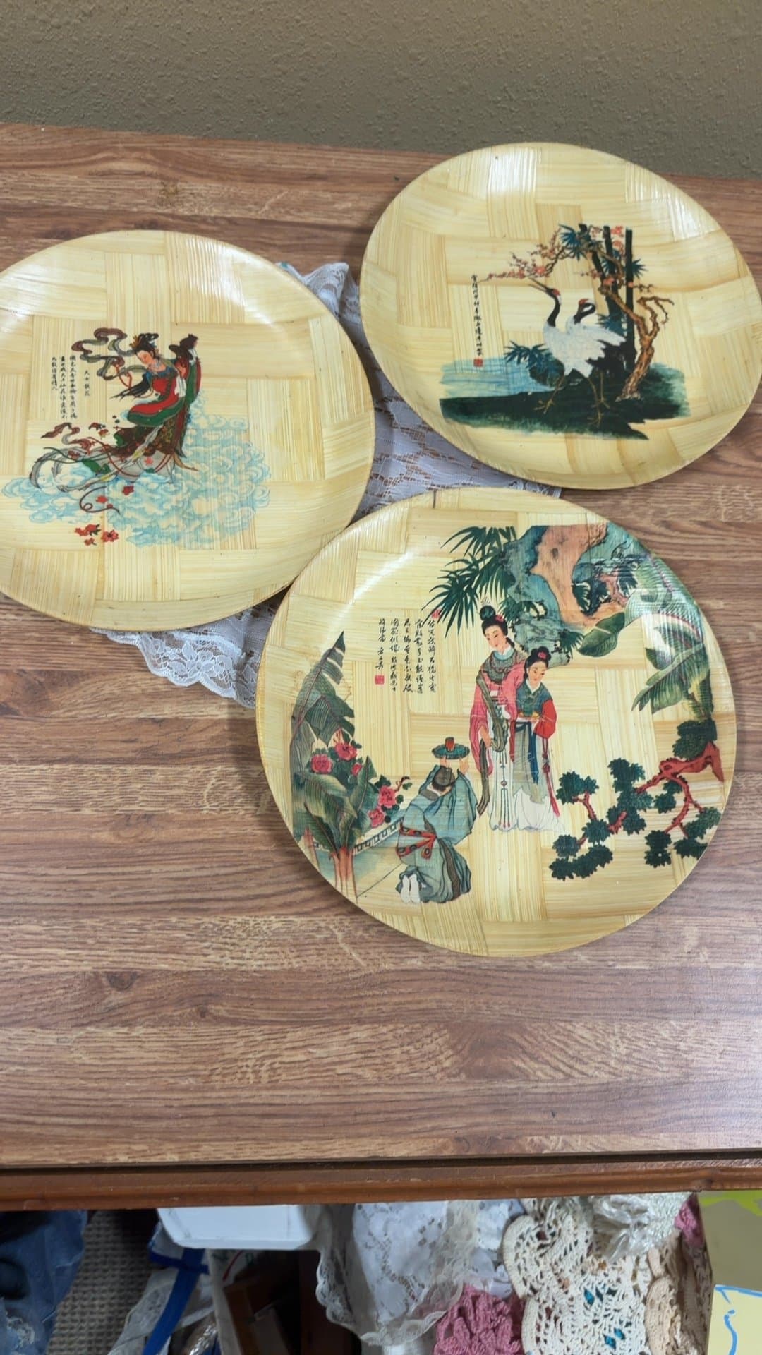 Set of Three Decorative Bamboo Plates with Asian Art - Image 1