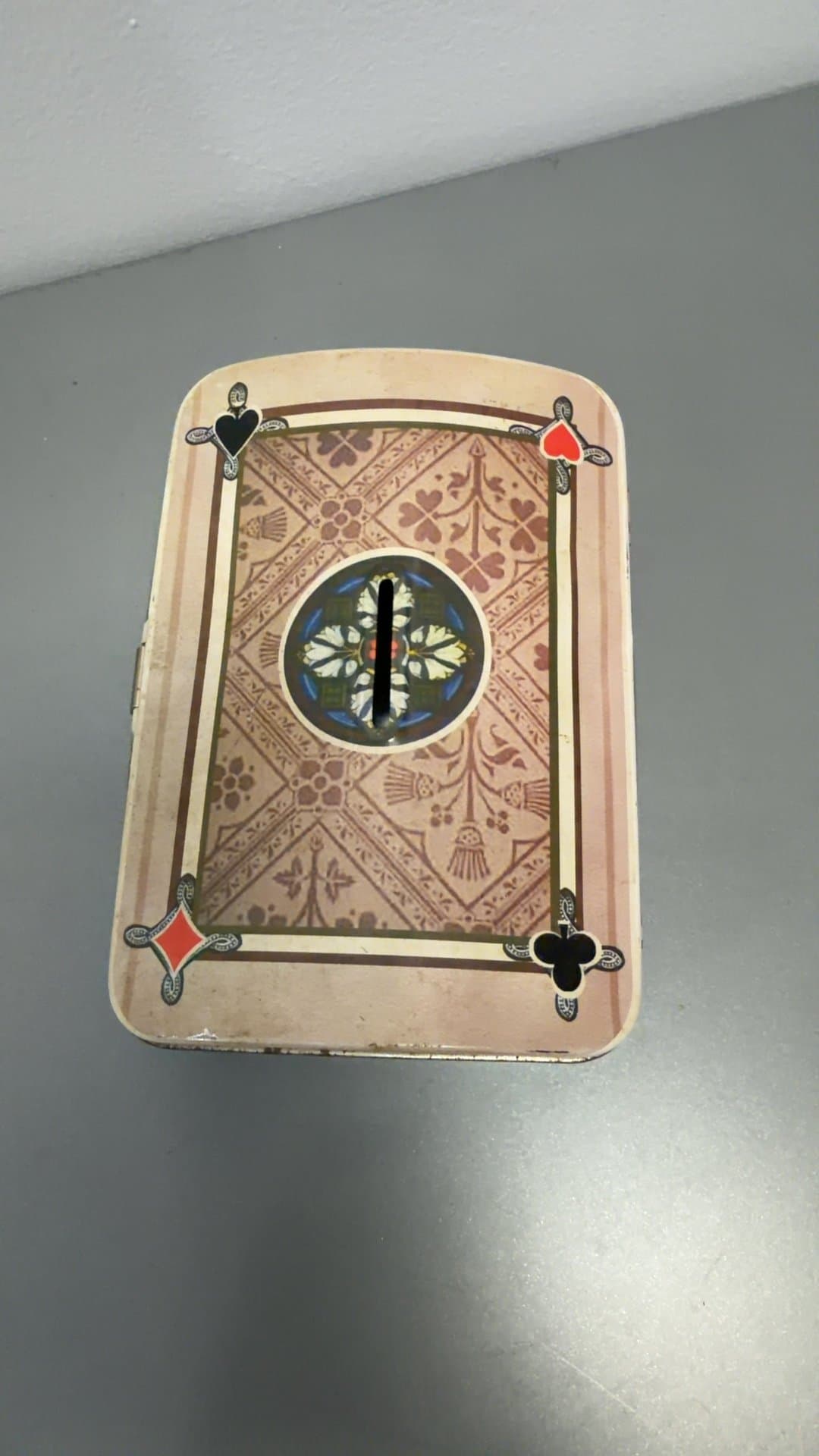 Vintage Playing Card Motif Metal Savings Bank Tin - Image 1