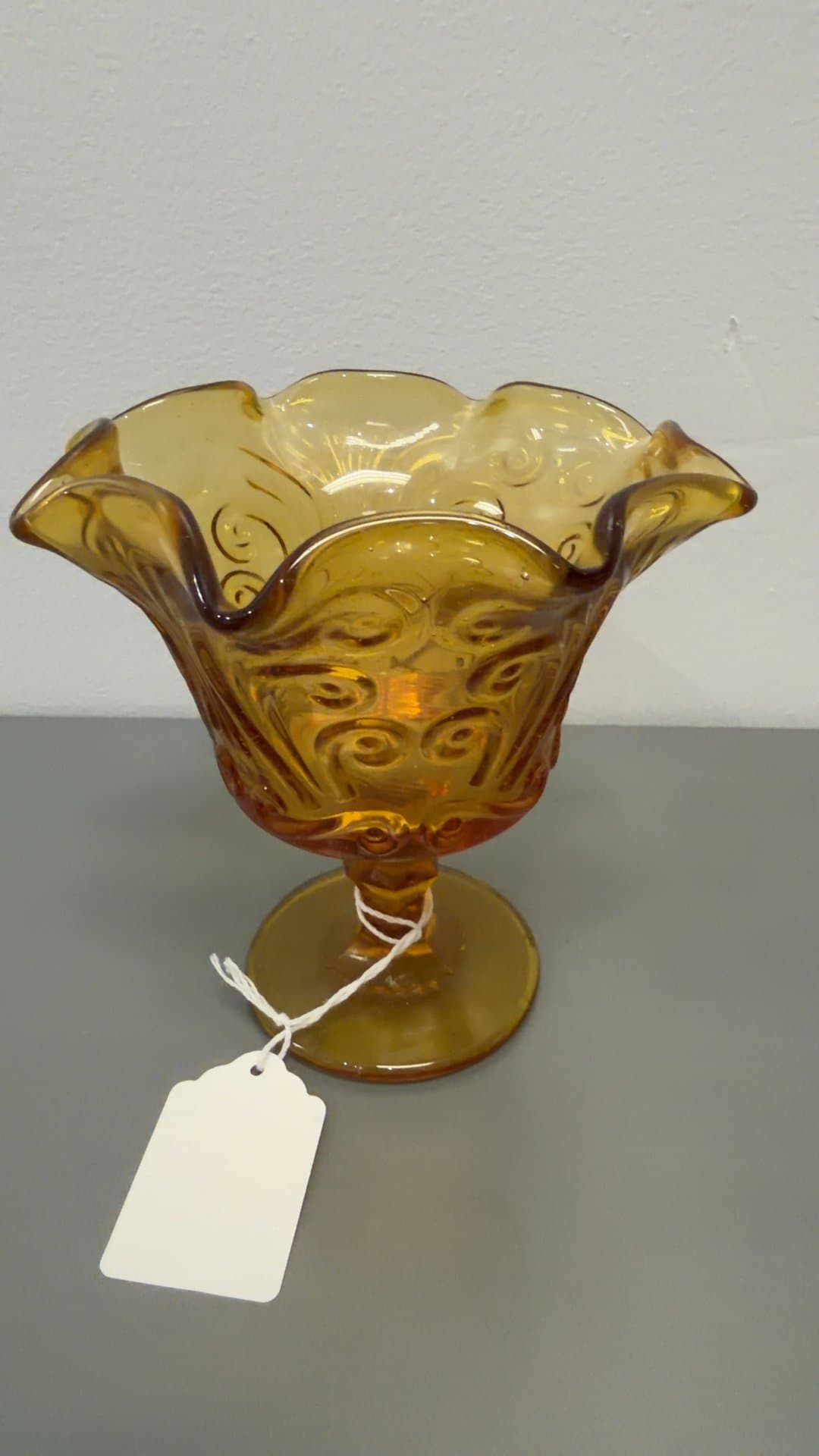 Vintage Amber Glass Pedestal Dish with Ruffled Rim - Image 1