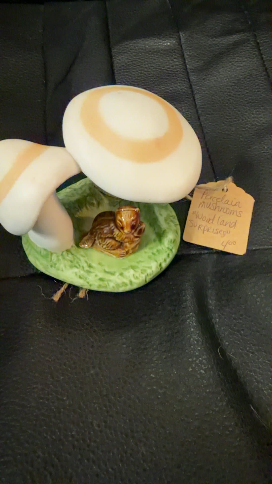 Porcelain Mushroom Figurine with Woodland Creature - Image 1