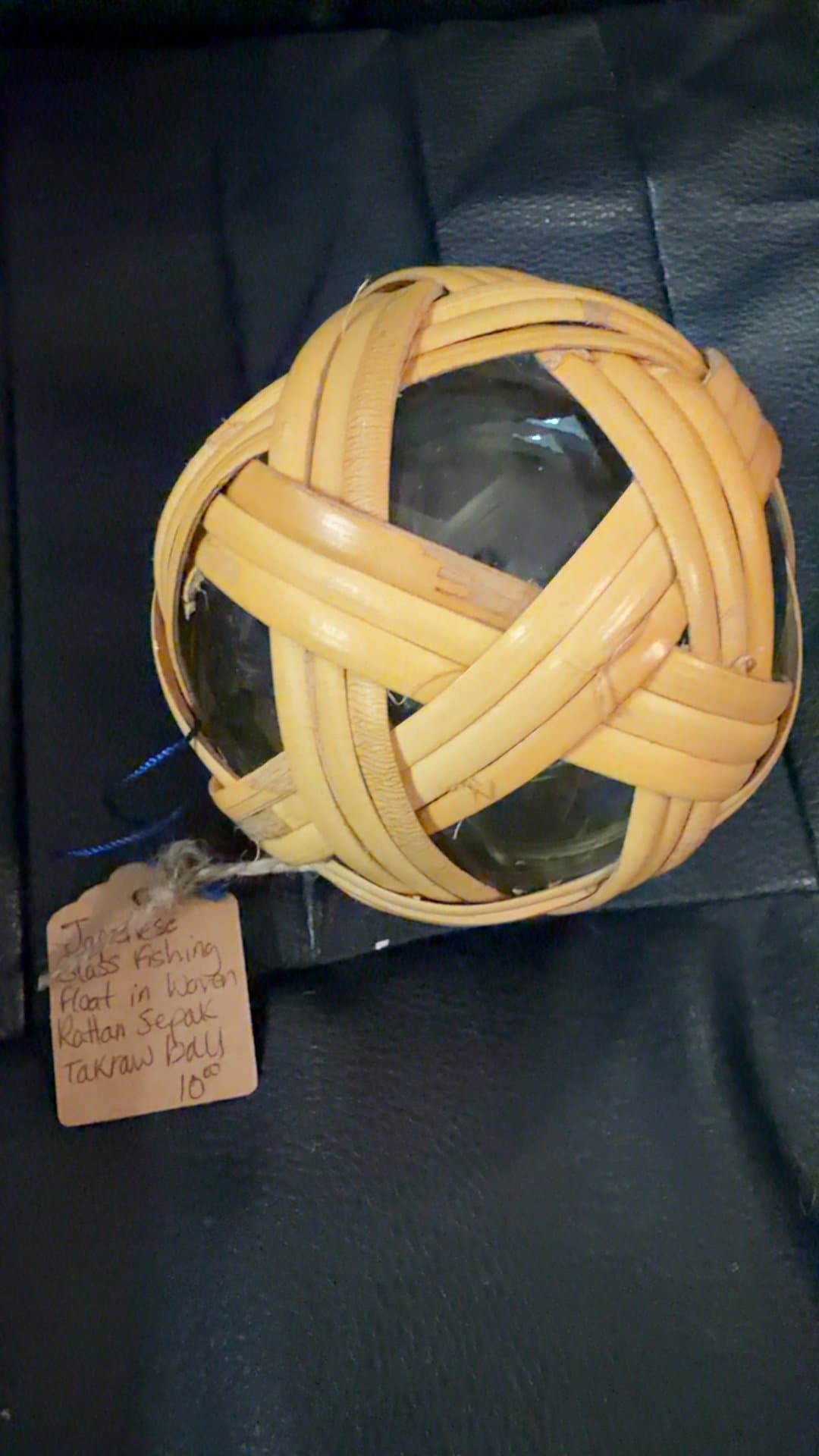 Japanese Glass Fishing Float in Woven Rattan Sepak Takraw Ball - Image 1