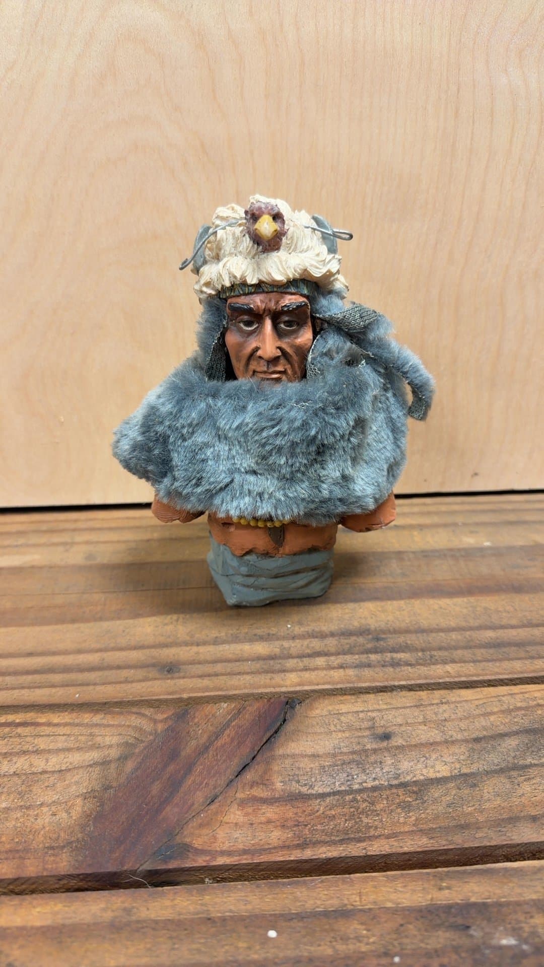 Native American Bust Figurine with Fur Trim - Image 1
