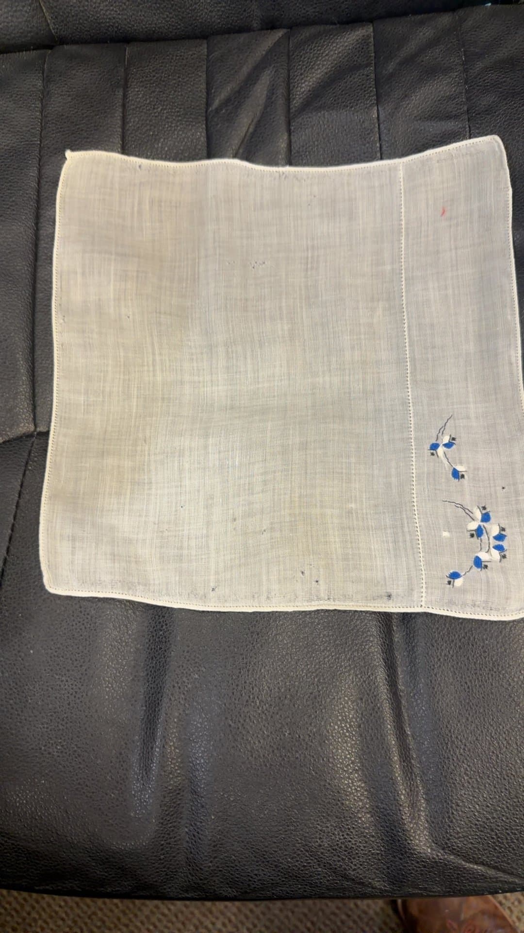 Vintage Linen Handkerchief with Blue Embroidery - Image 1
