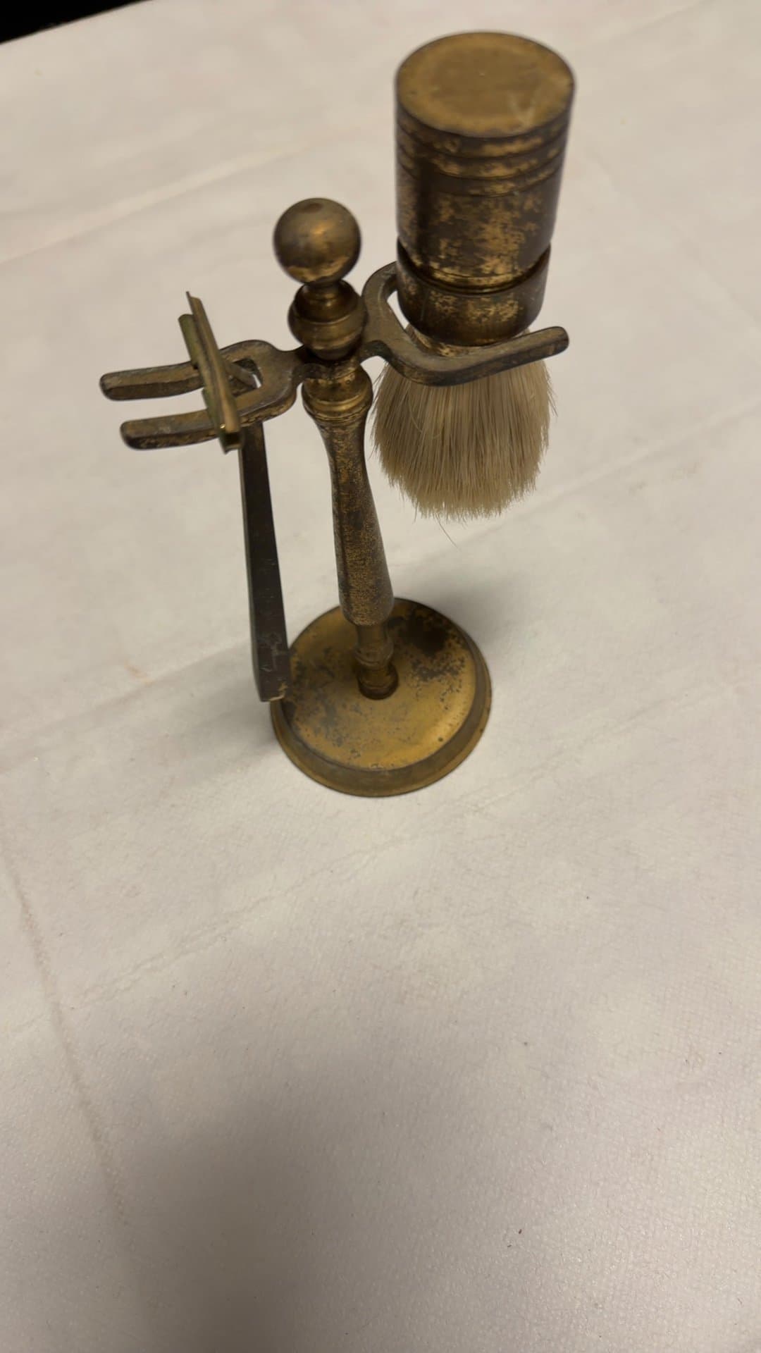 Vintage Brass Shaving Set with Brush and Razor Stand - Image 1