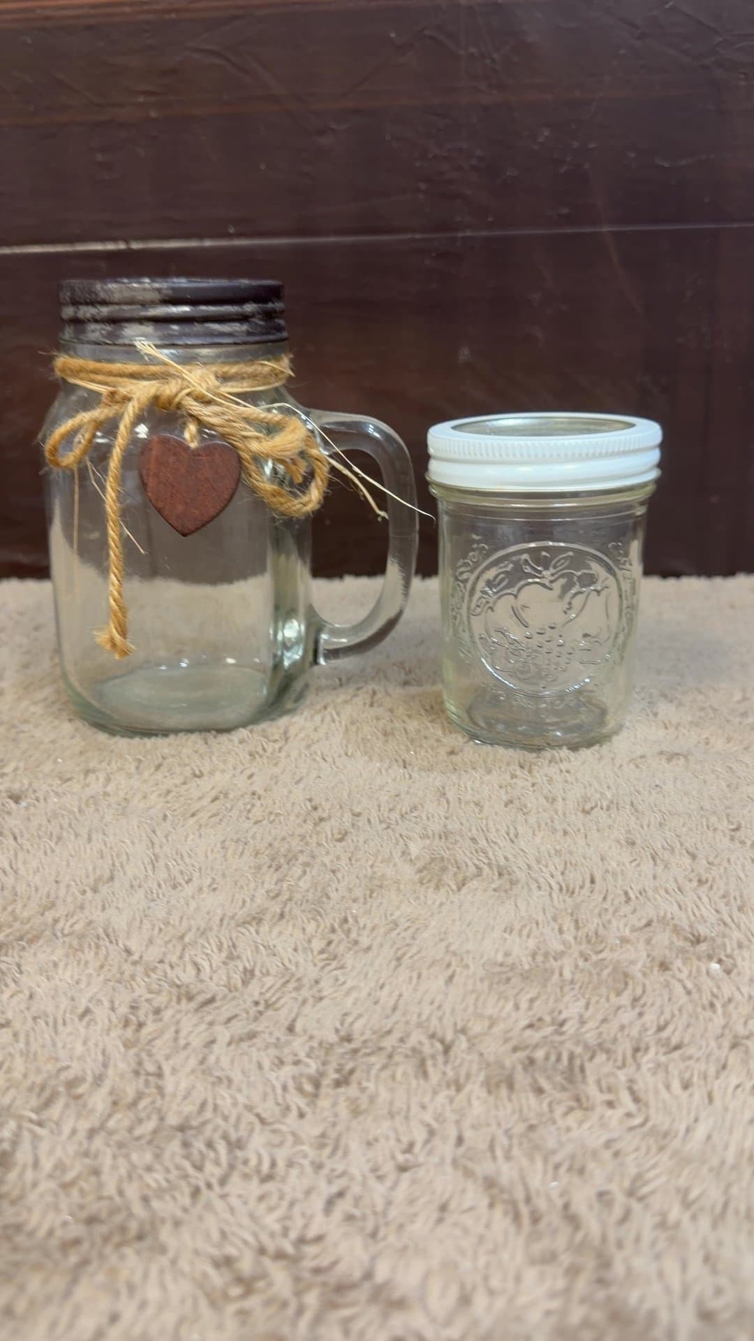 Rustic Mason Jar Mug Flower Frog and Small Fruit Embossed Glass Jar - Image 1