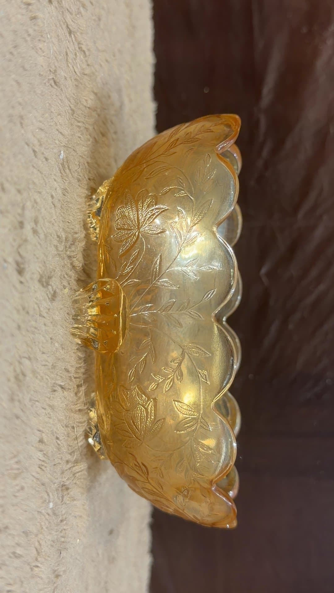 Vintage Amber Carnival Glass Footed Oval Bowl - Image 1