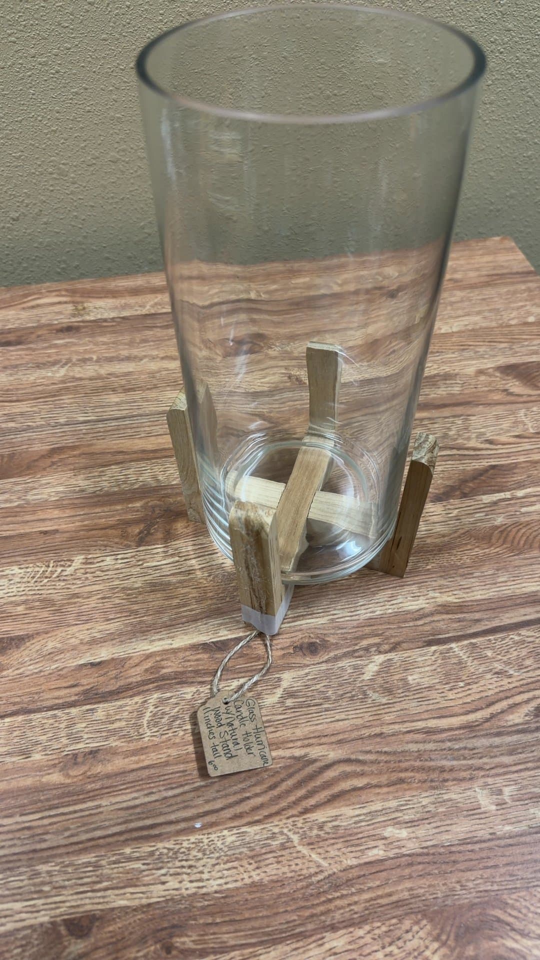 Glass Hurricane Candle Holder with Wooden Stand - Image 1