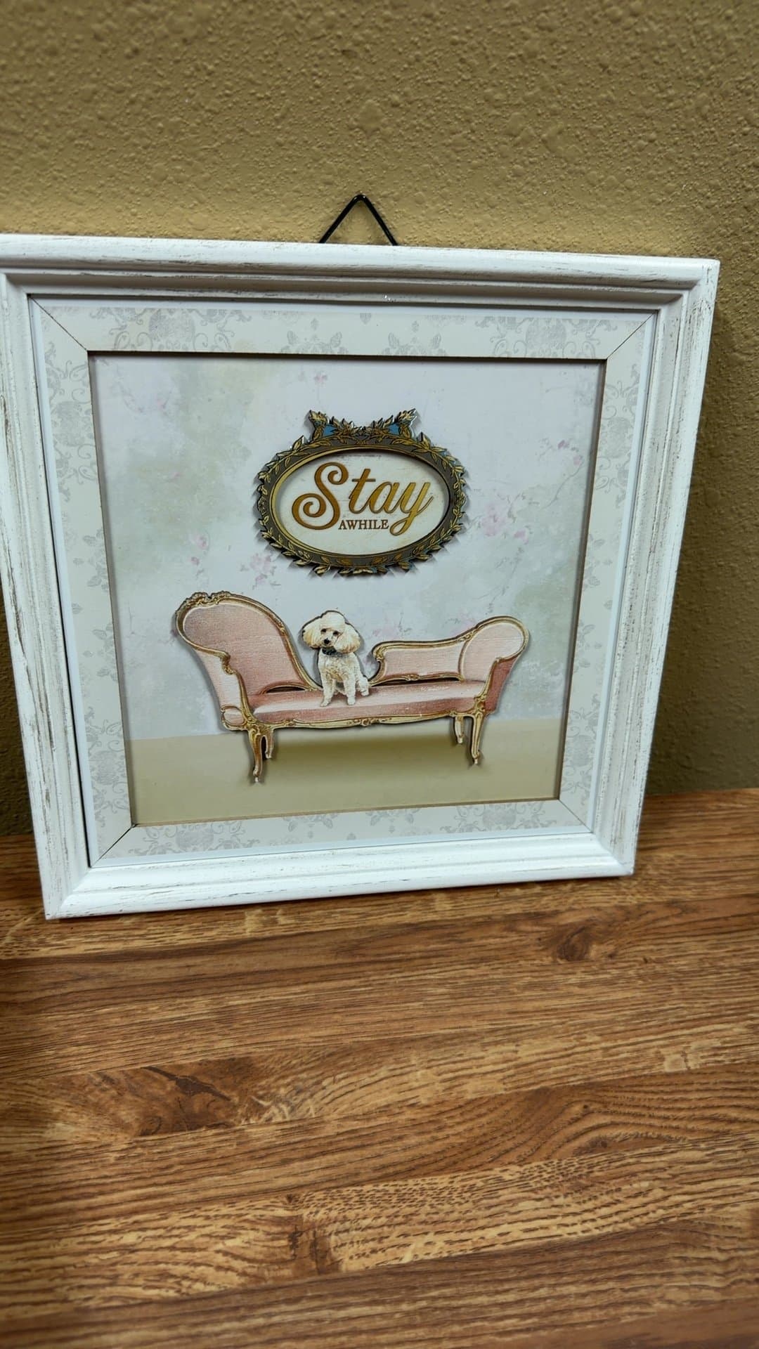 Framed Wall Art with Dog and 'Stay Awhile' Text - Image 1