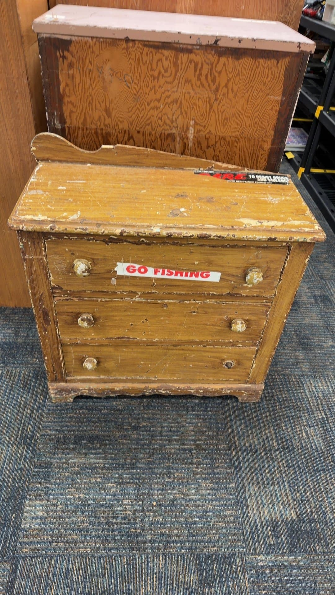 Vintage Wooden Dresser with Stickers - Image 1