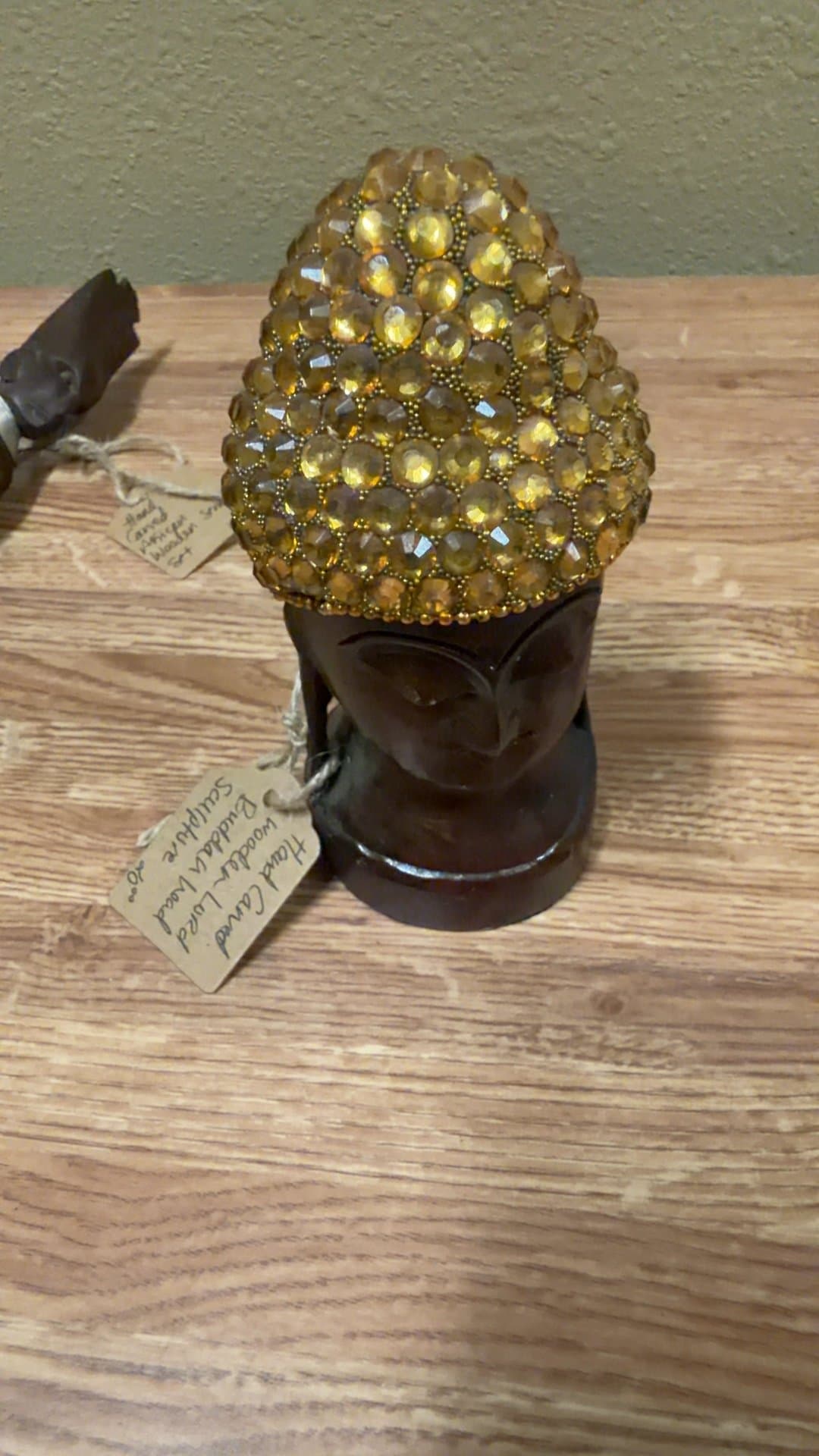 Wooden Buddha Head Sculpture with Crystal Embellishments - Image 1