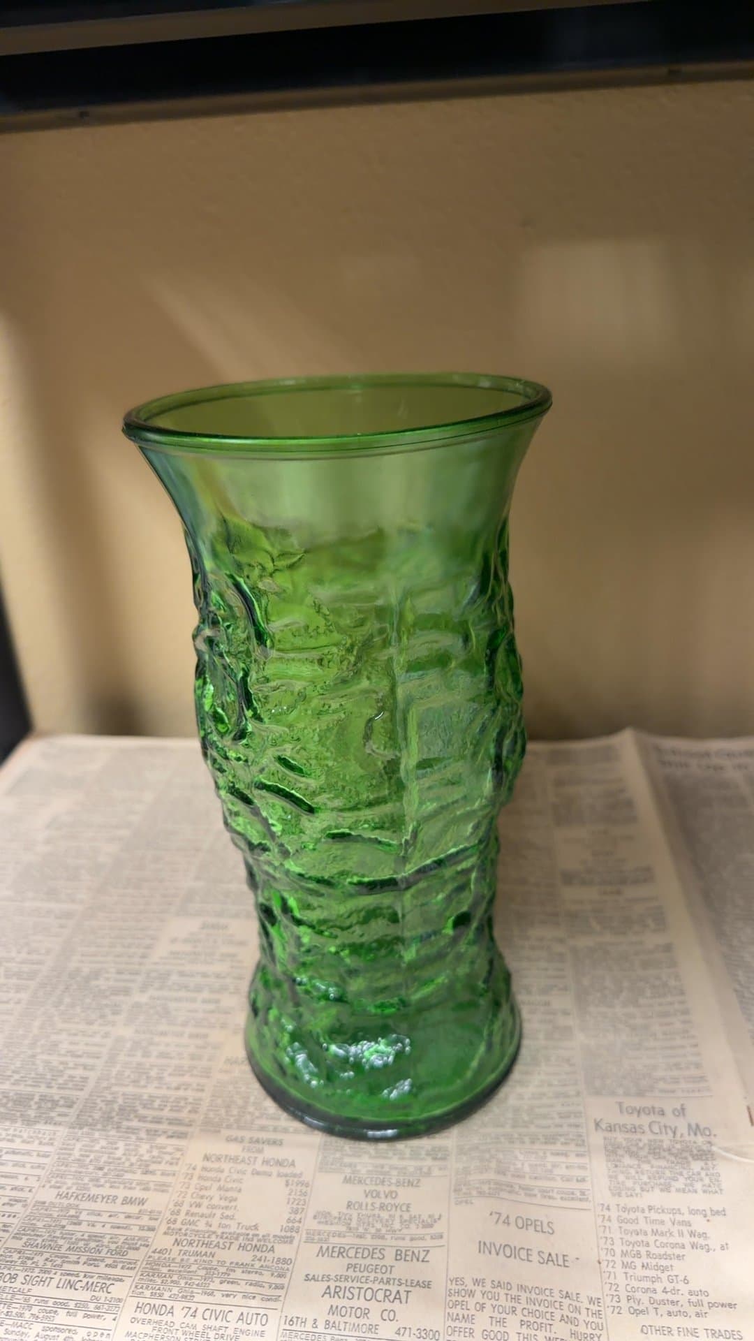 Vintage Green Textured Glass Vase - Image 1