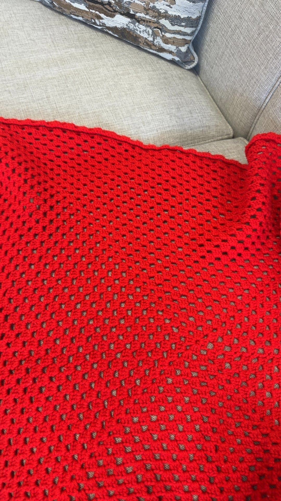 Handmade Red Crochet Granny Stitch Blanket - Image 1