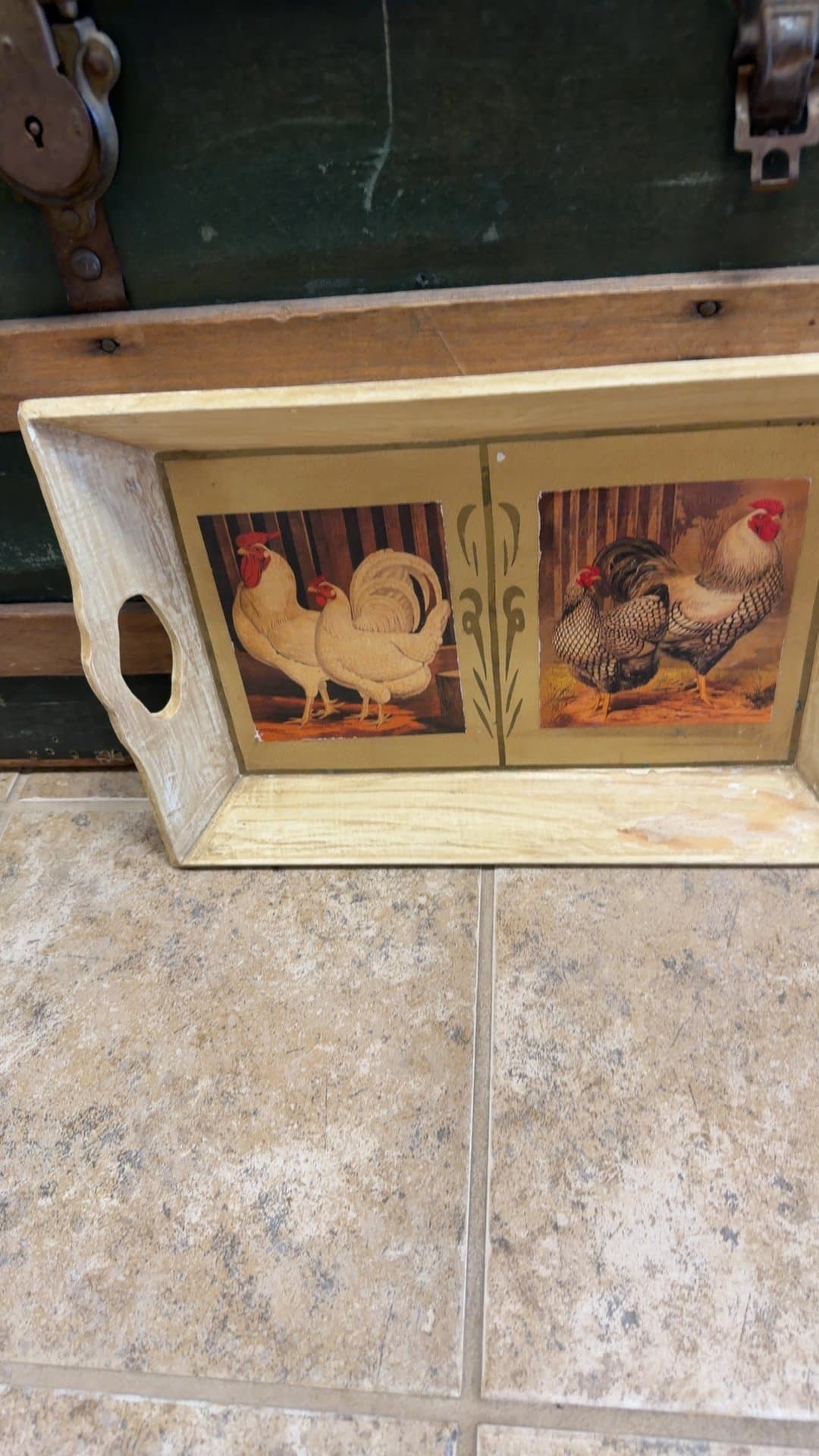 Country Rooster Wooden Serving Tray with Handles - Image 1