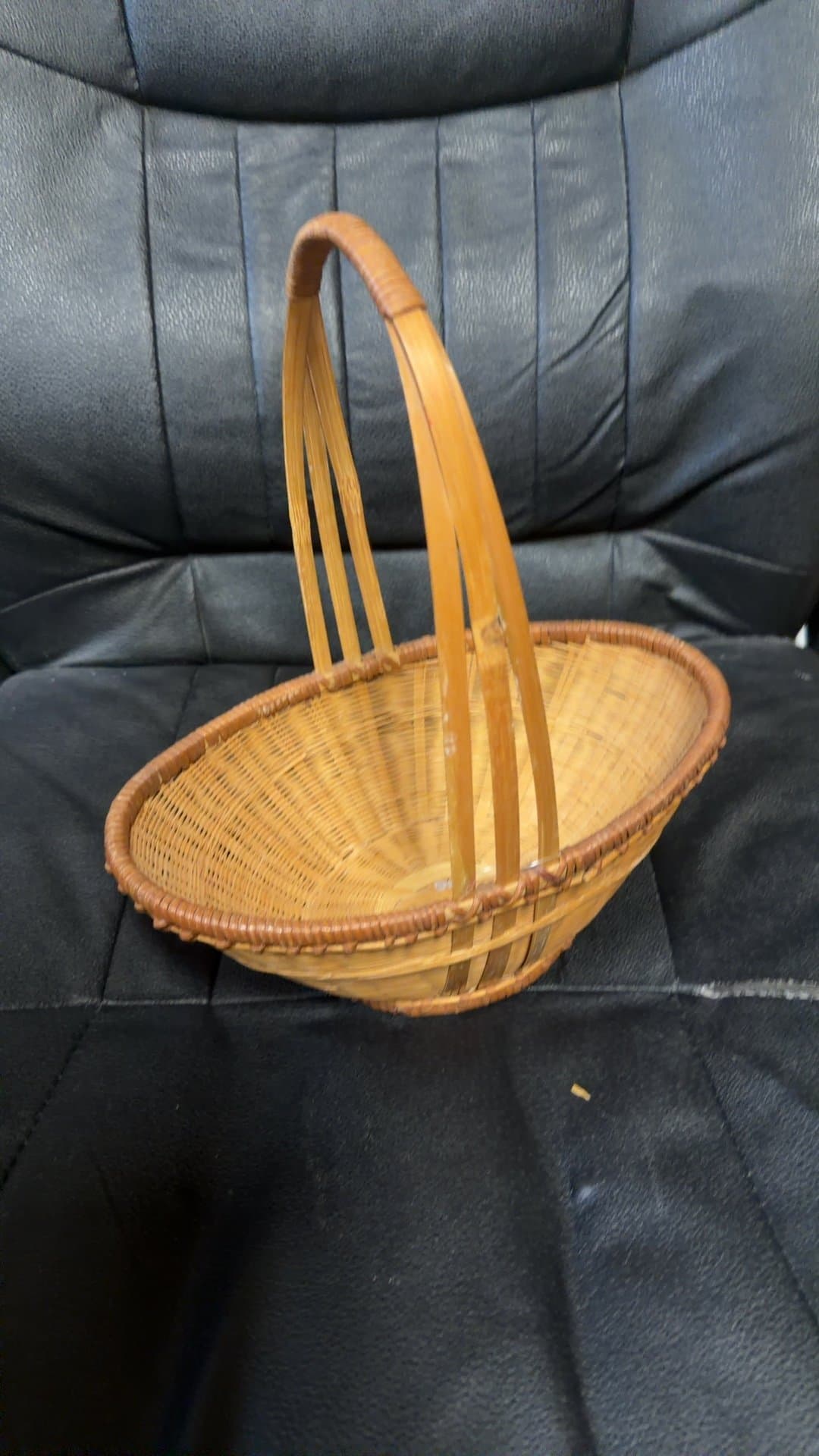 Vintage Woven Bamboo Basket with Arch Handle - Image 1