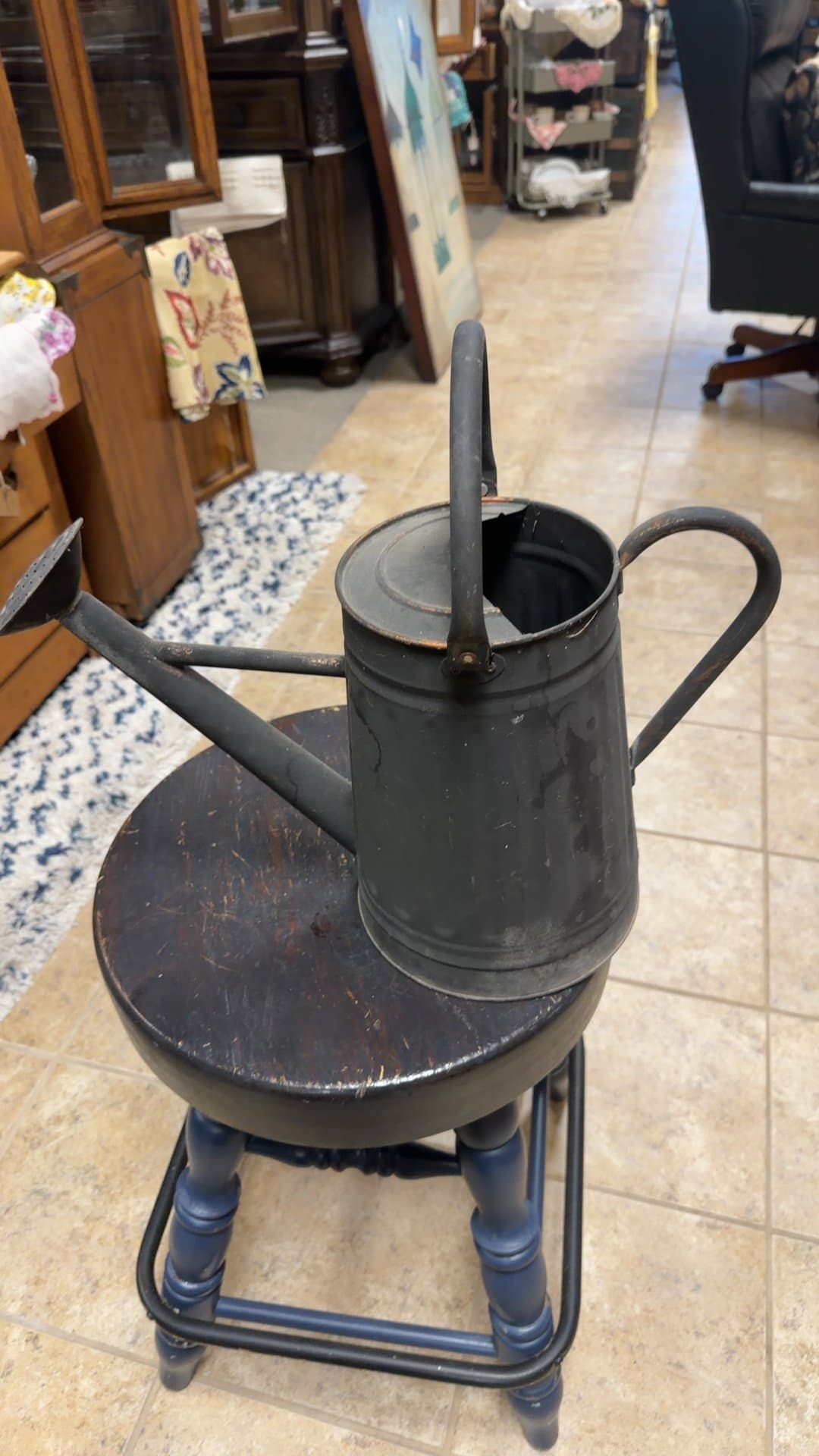 Vintage Black Metal Watering Can with Sprinkler Rose Head - Image 1