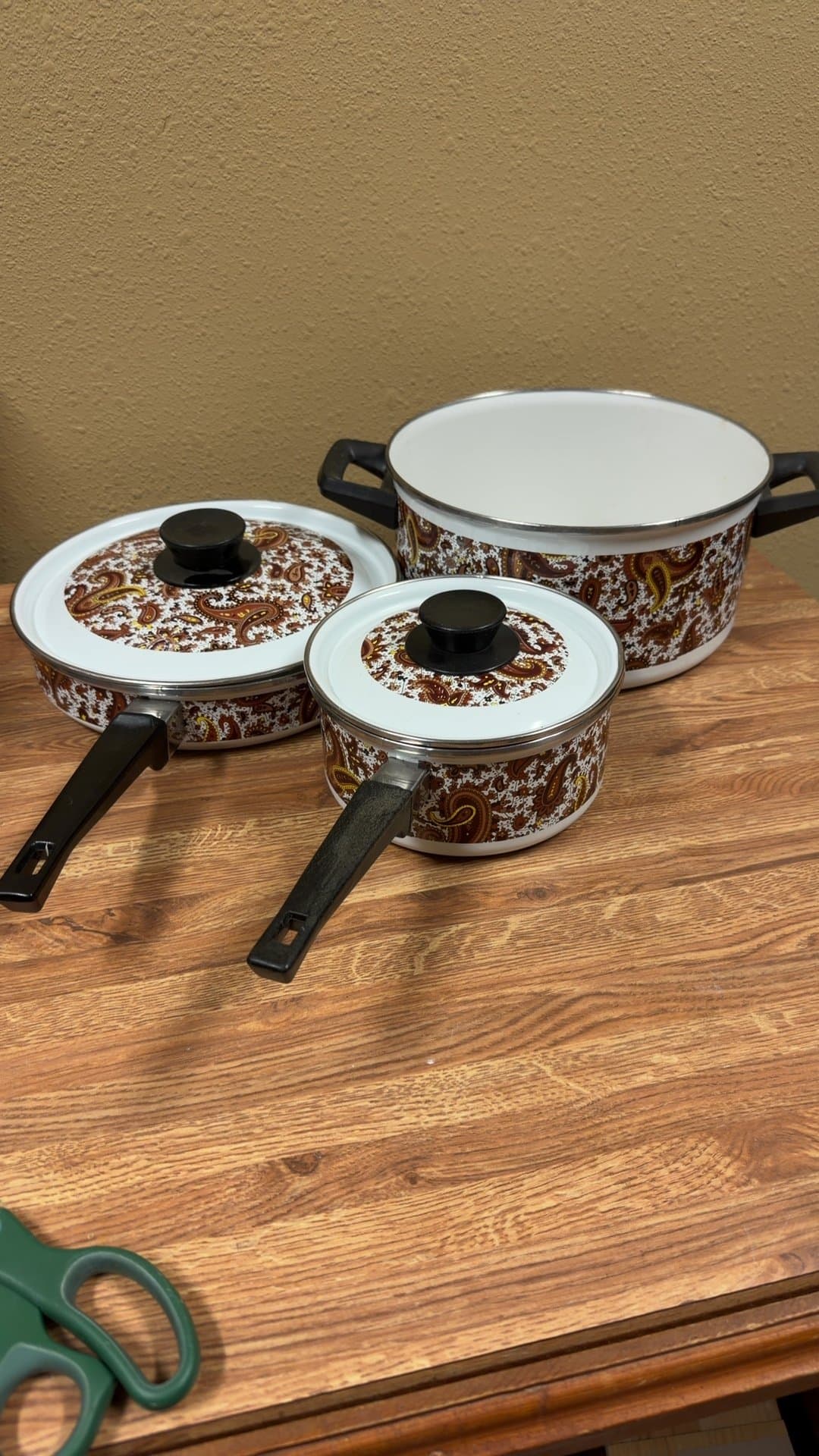 Vintage Enamel Cookware Set with Paisley Design - Image 1