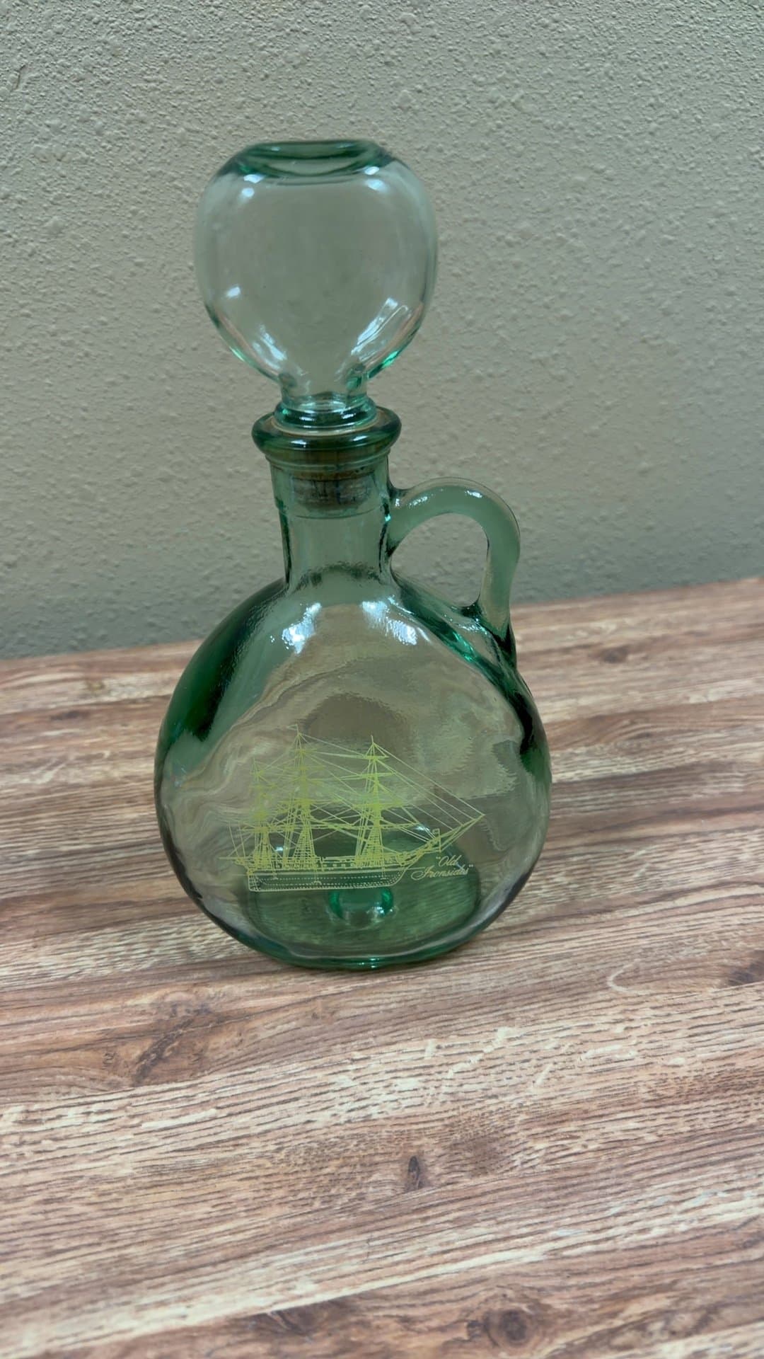 Vintage Green Glass Decanter with Ship Design - Image 1