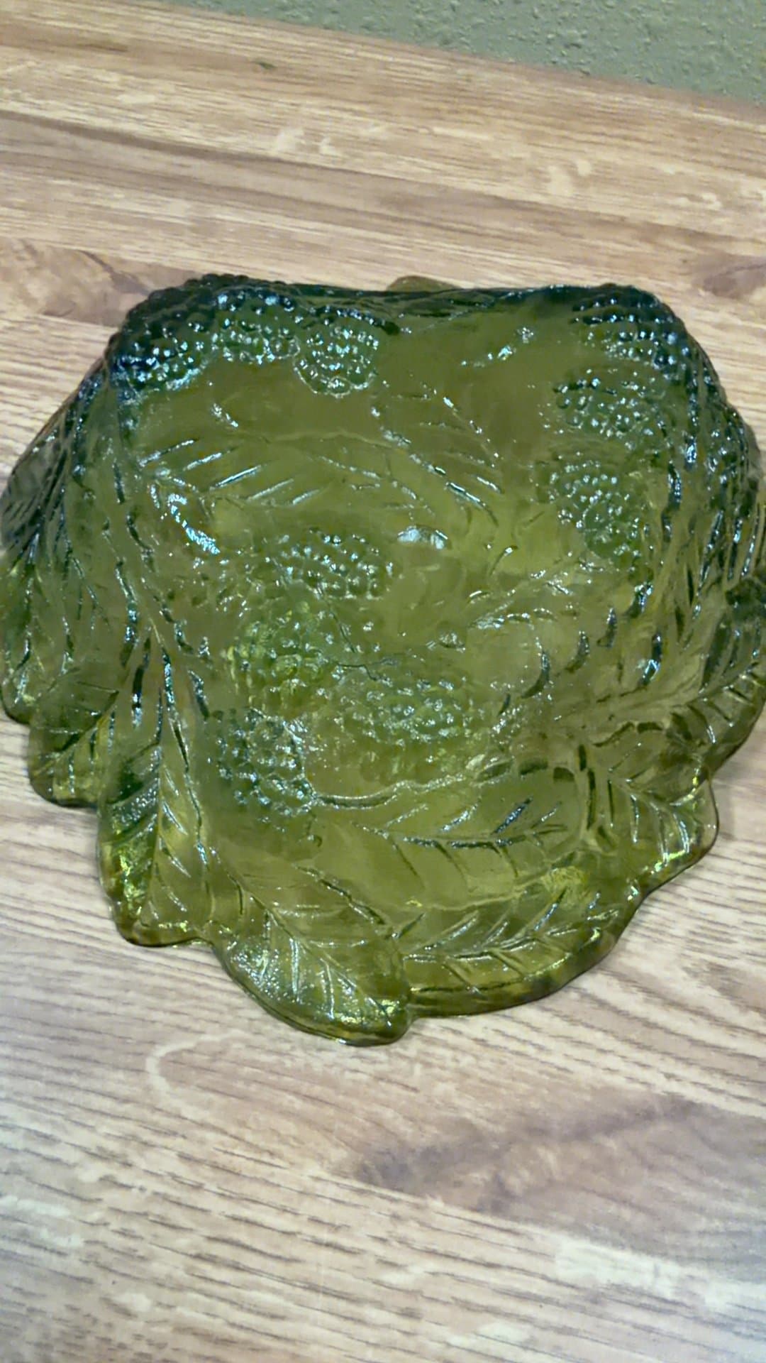 Green Depression Glass Bowl with Leaf and Berry Design - Image 1