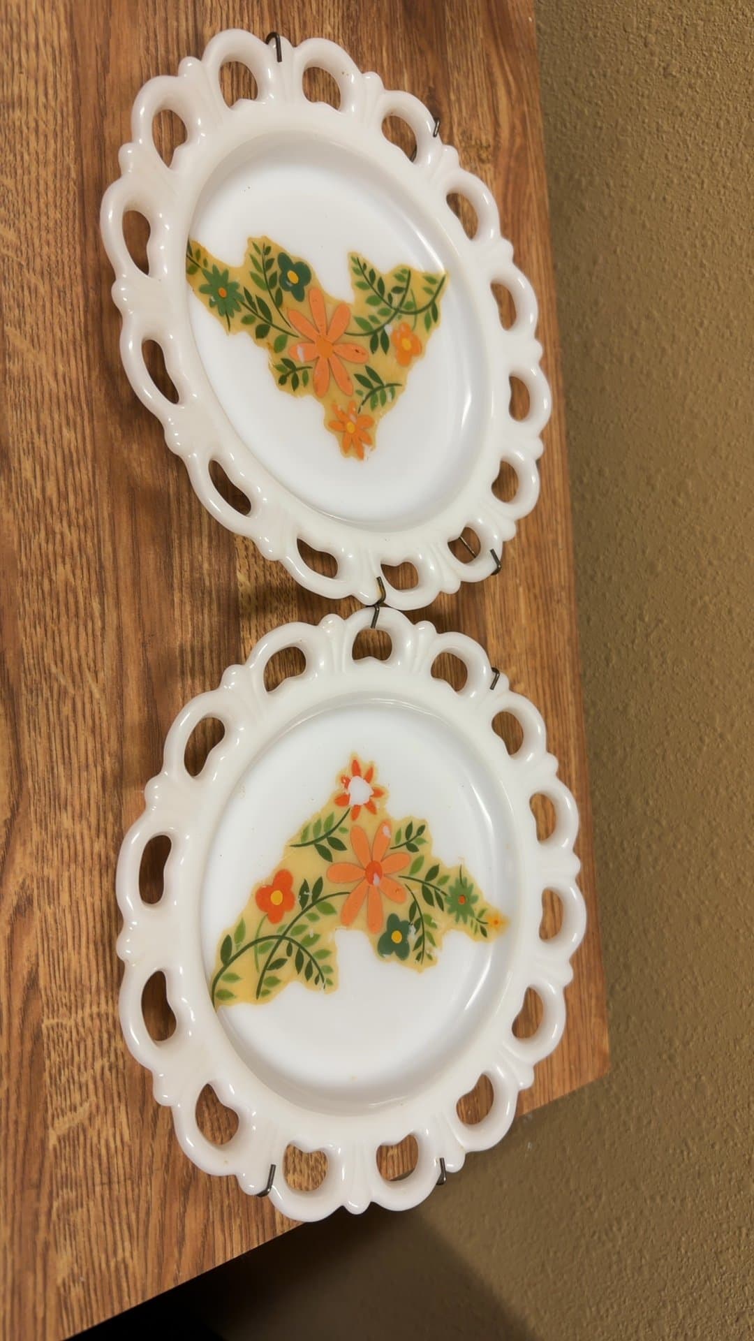 Vintage Milk Glass Decorative Plates with Floral Design - Image 1