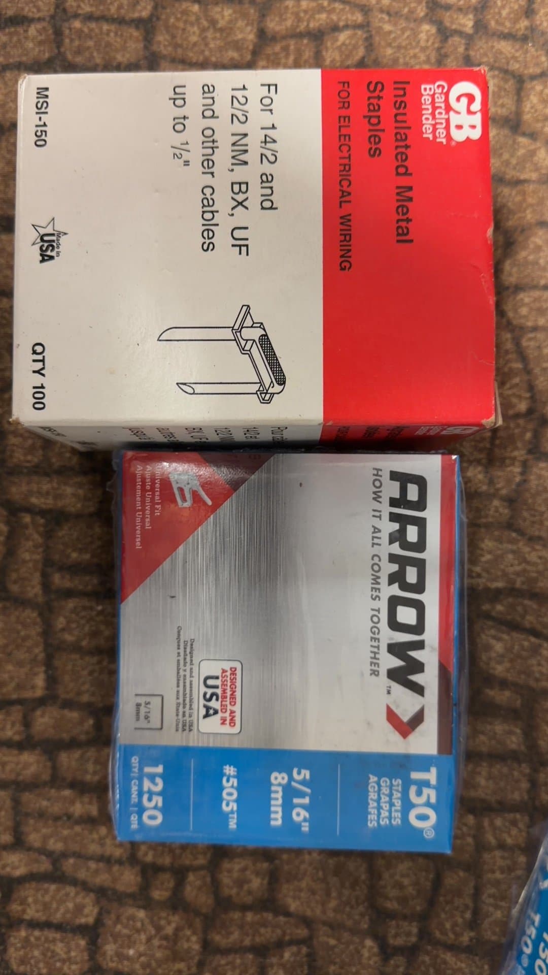 Arrow T50 Staples and Gardner Bender Insulated Metal Staples - Image 1