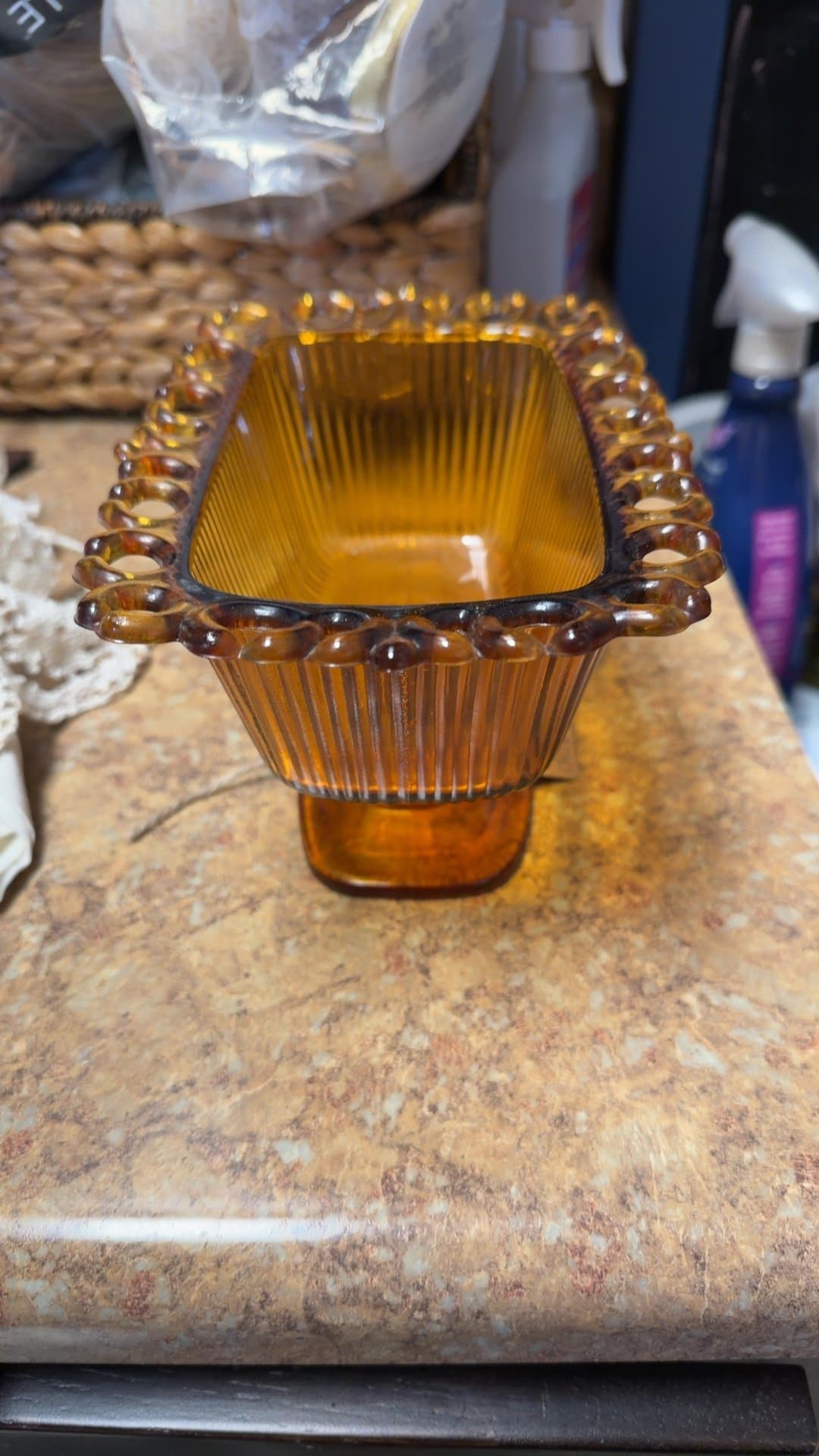 Amber Glass Ribbed Pedestal Dish