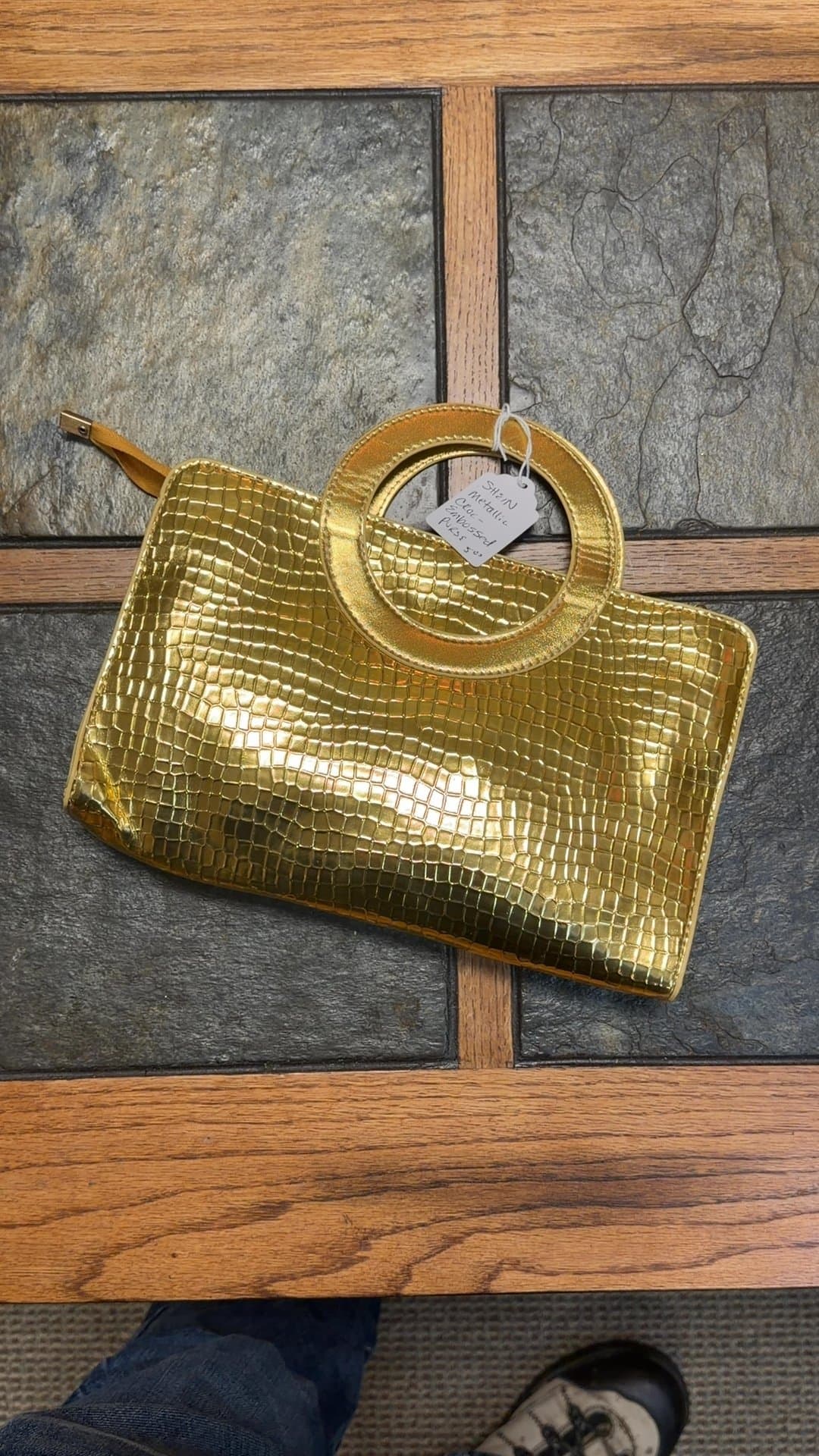 Gold Metallic Crocodile Pattern Clutch Bag - Image 1