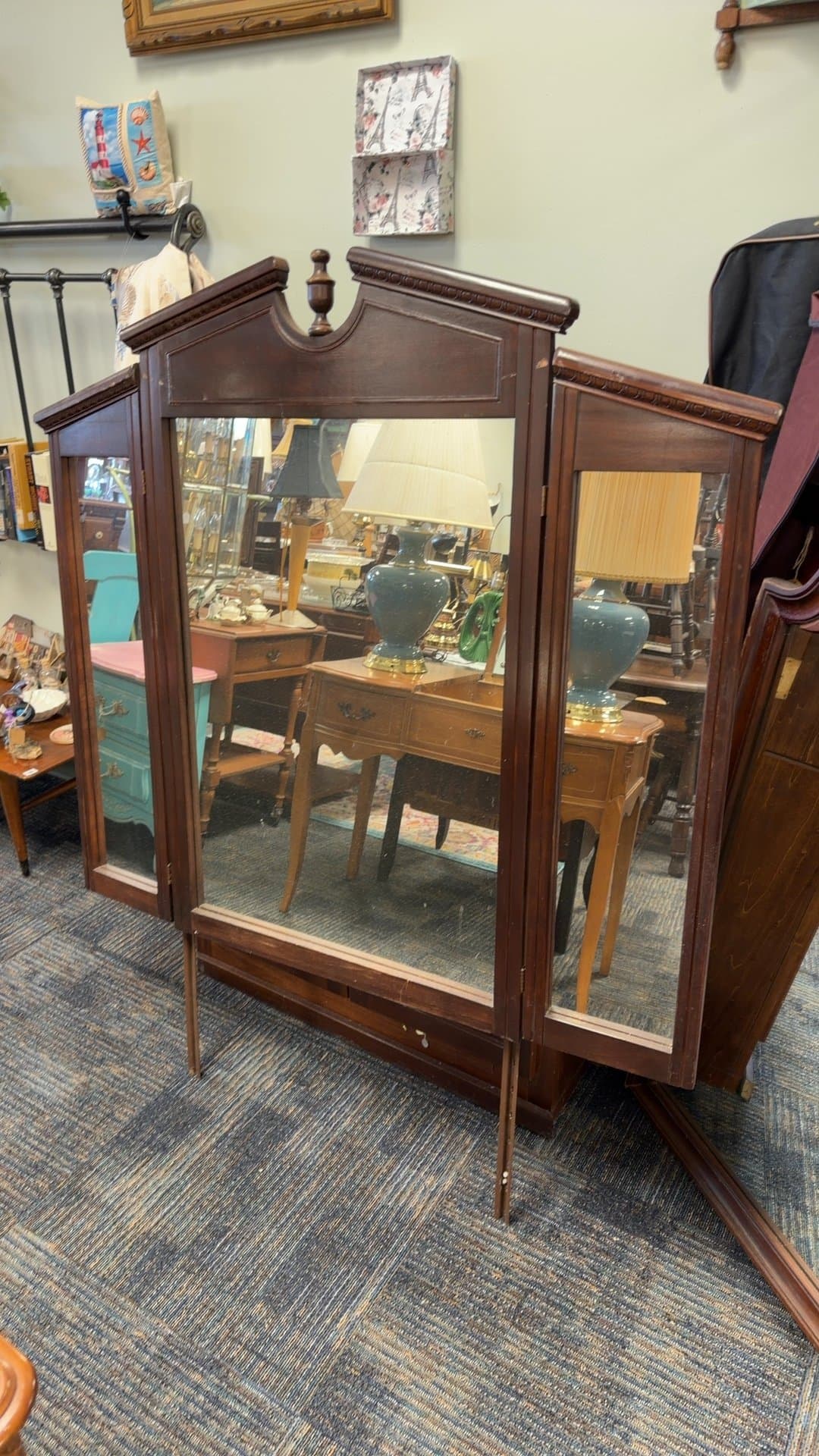 Vintage Wooden Tri-Fold Mirror - Image 1