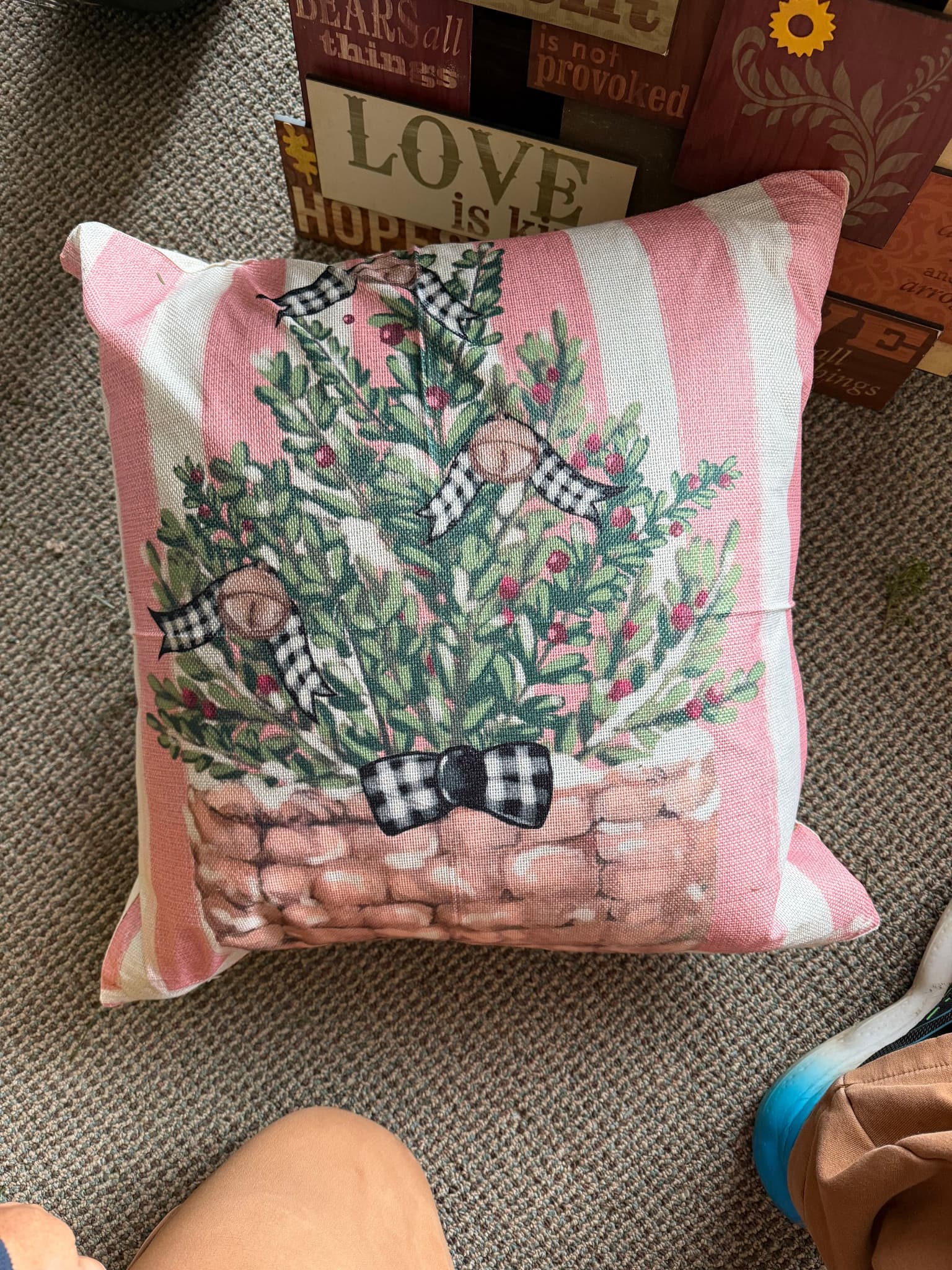 Christmas Pillow with Pink Stripes and Bow
