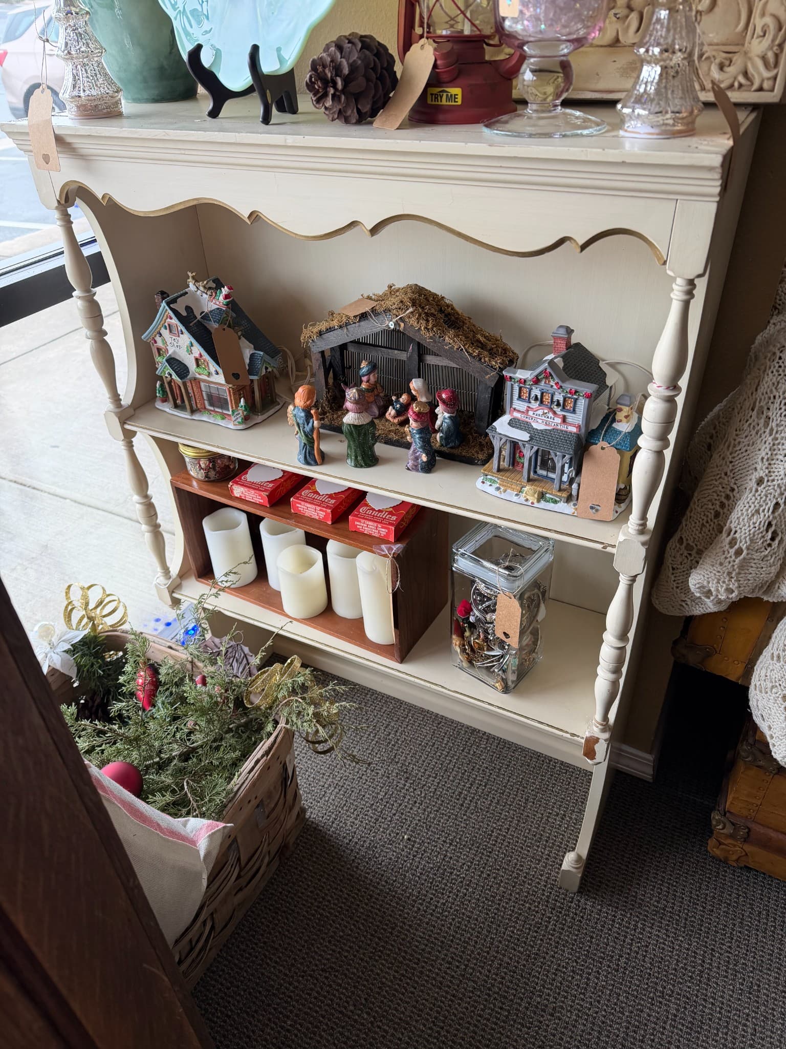 Decorative Wooden Shelf with Christmas Village Display - Image 1