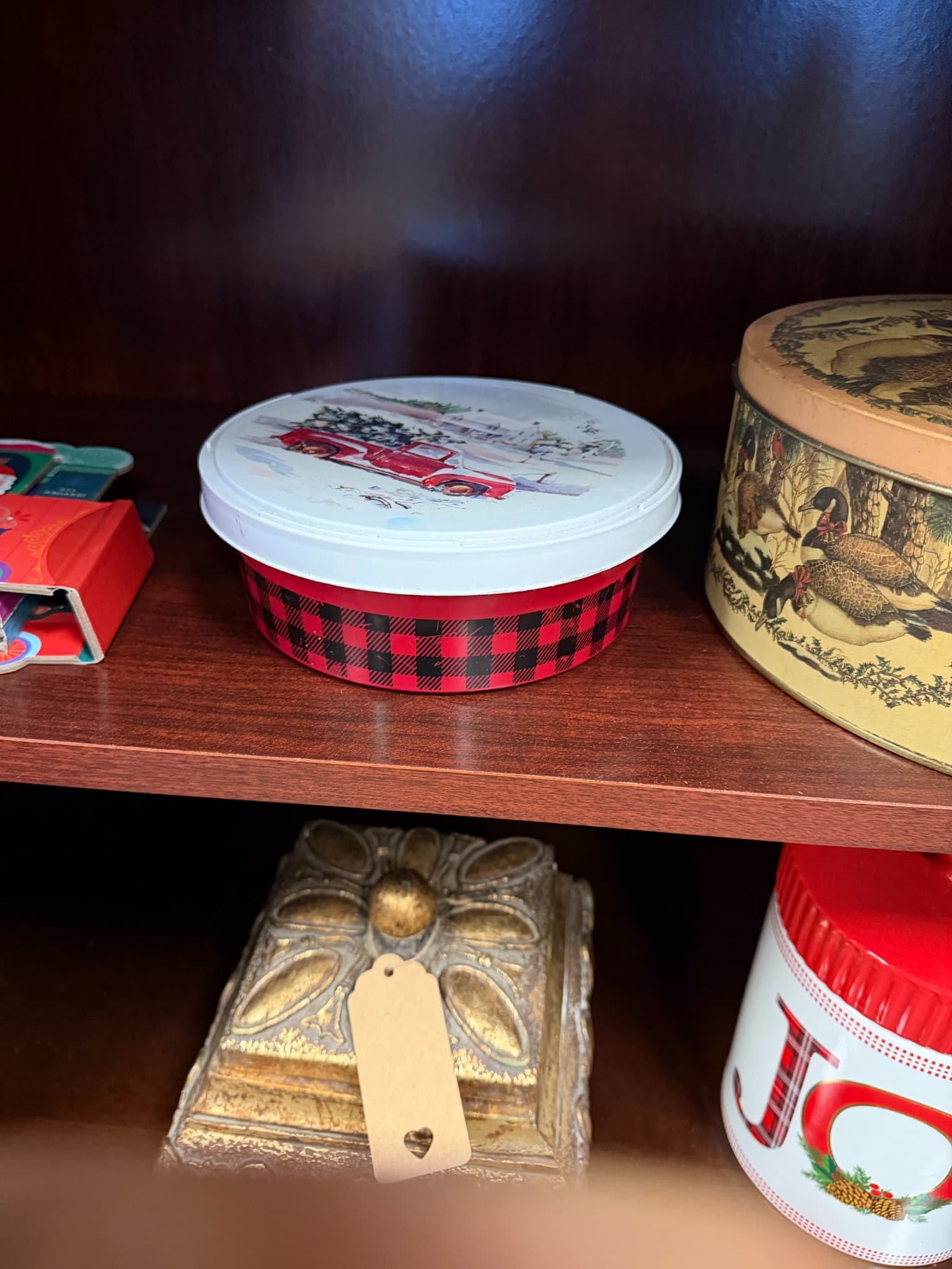 Red Plaid Christmas Tin with Truck Design