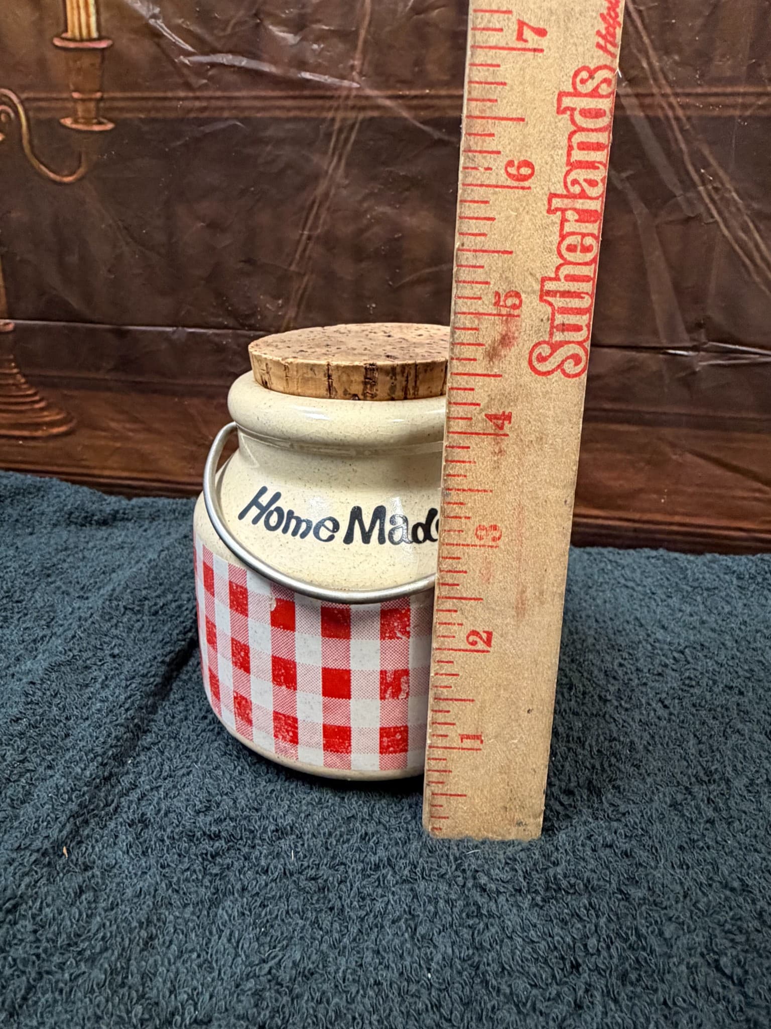 Vintage Gingham Stoneware Home Made Jar with Cork Lid and Wire Handle - Image 1